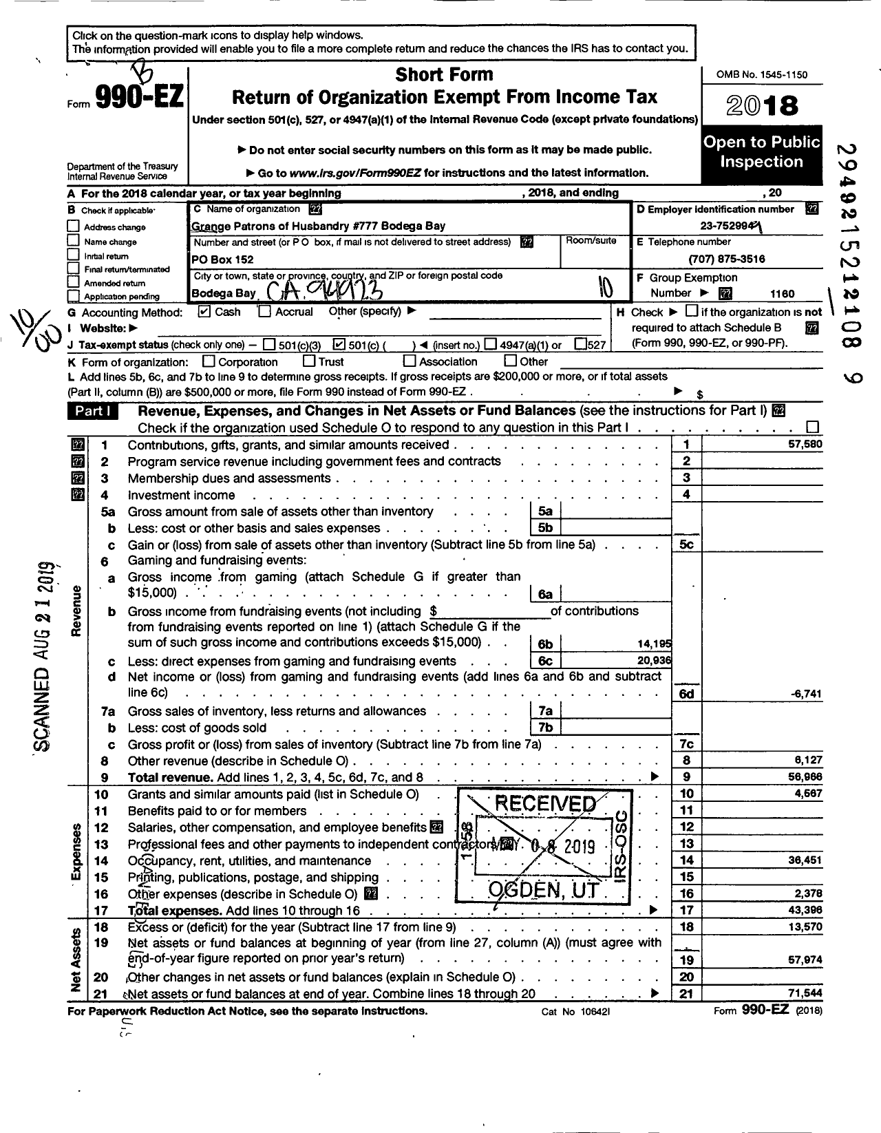 Image of first page of 2018 Form 990EO for Grange of the State of Ca Order of Patrons of Husbandry Charter - 777 Bodega Bay Grange