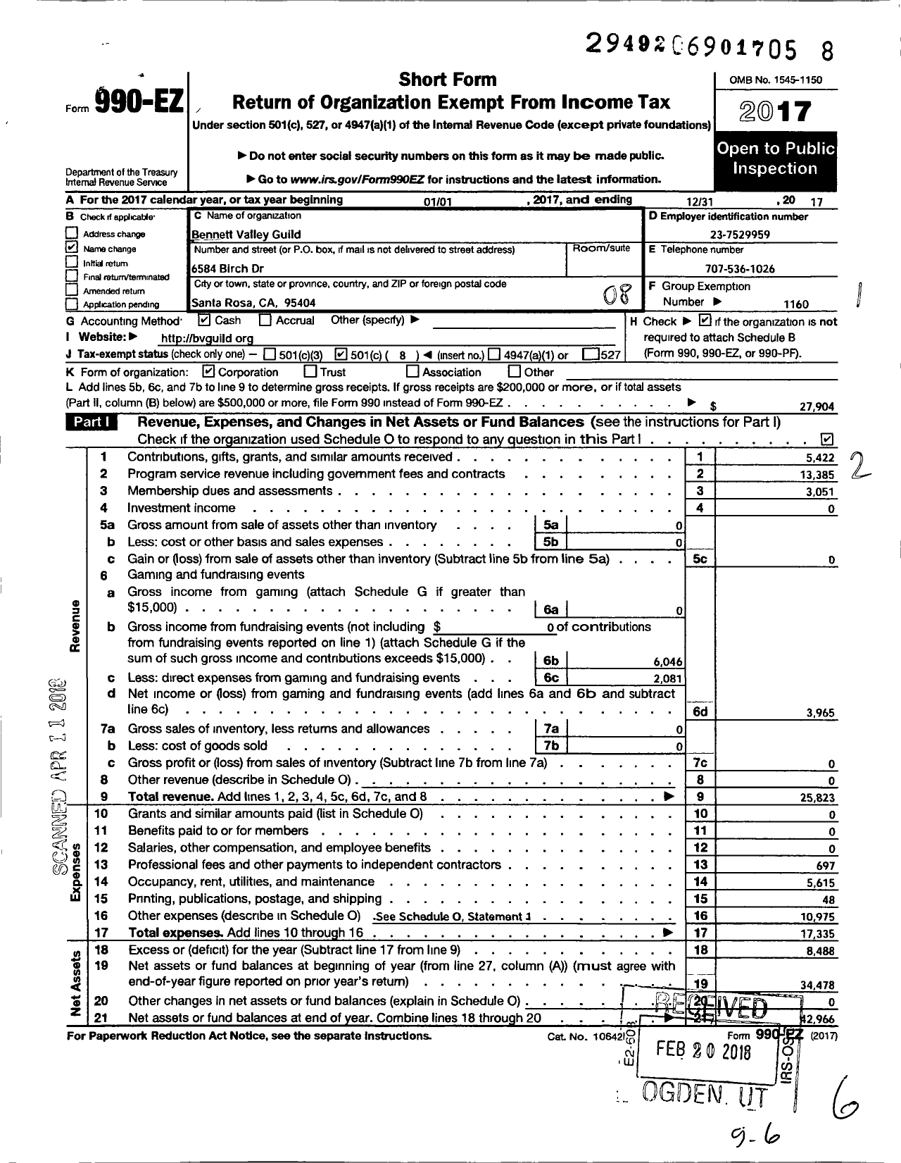 Image of first page of 2017 Form 990EO for California Guild - 16 Bennett Valley Grange