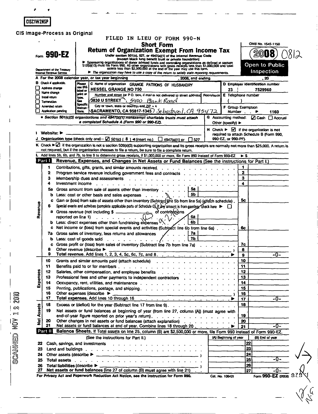 Image of first page of 2008 Form 990EO for California Guild / Hessel Community Guild