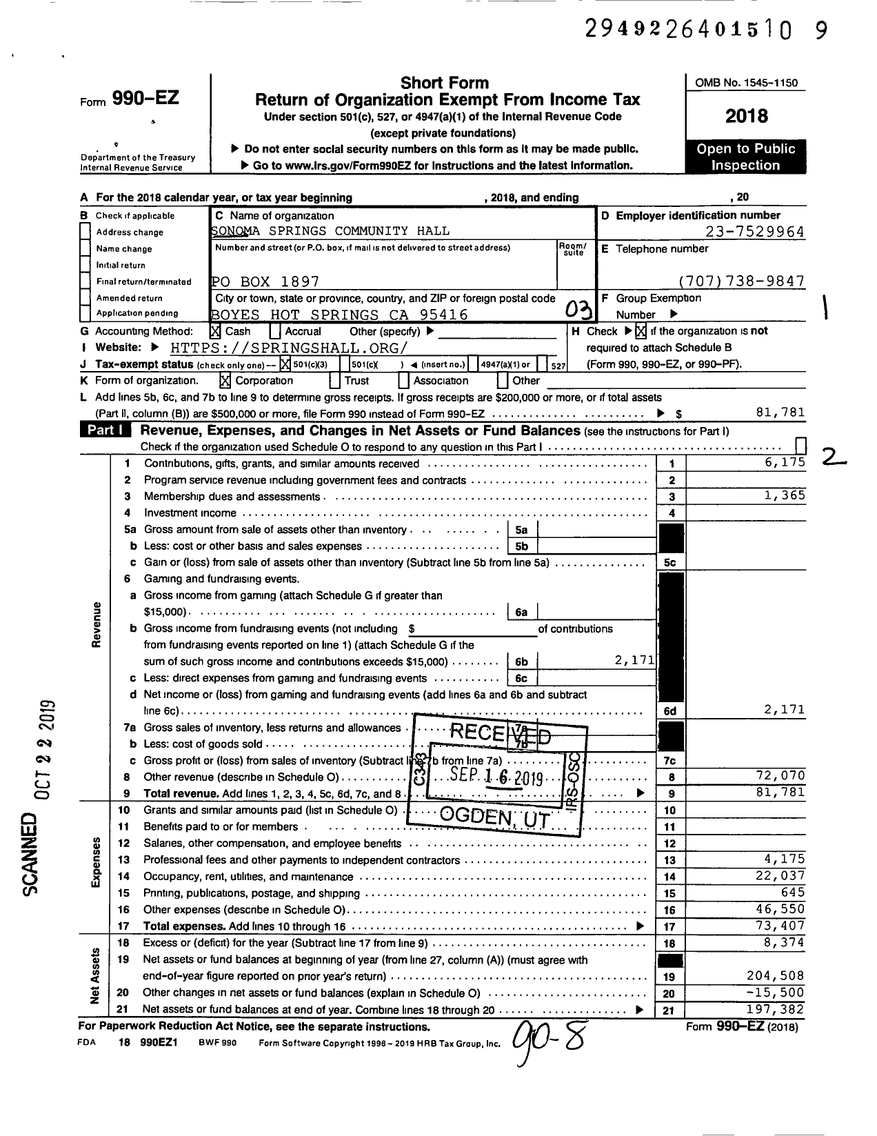 Image of first page of 2018 Form 990EZ for Sonoma Springs Commons