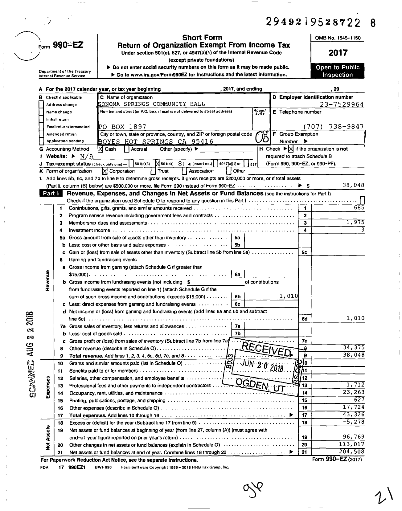 Image of first page of 2017 Form 990EO for Sonoma Springs Commons