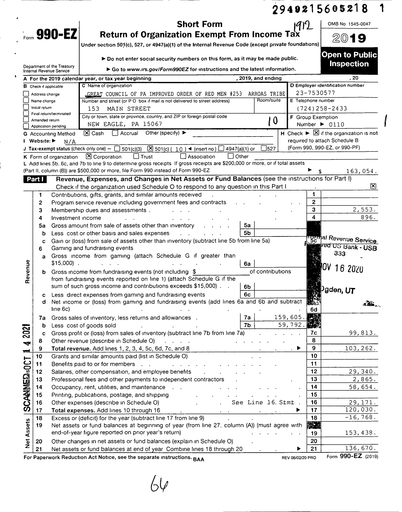 Image of first page of 2019 Form 990EO for Great Council of Pennsylvania Improved Order of Red Men - 253 Arroas Tribe