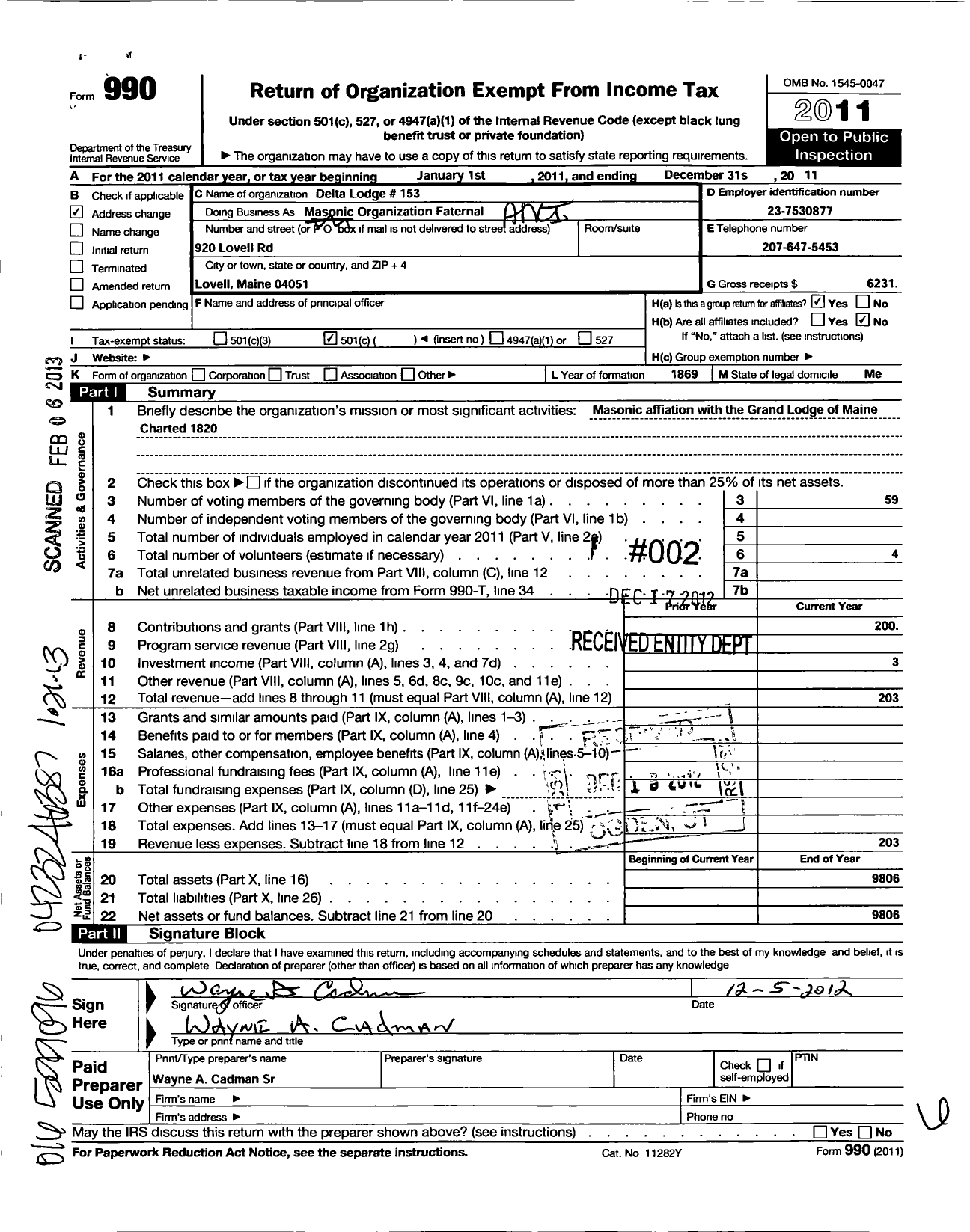 Image of first page of 2011 Form 990O for Ancient Free and Accepted Masons of Maine - 153 Delta Lodge