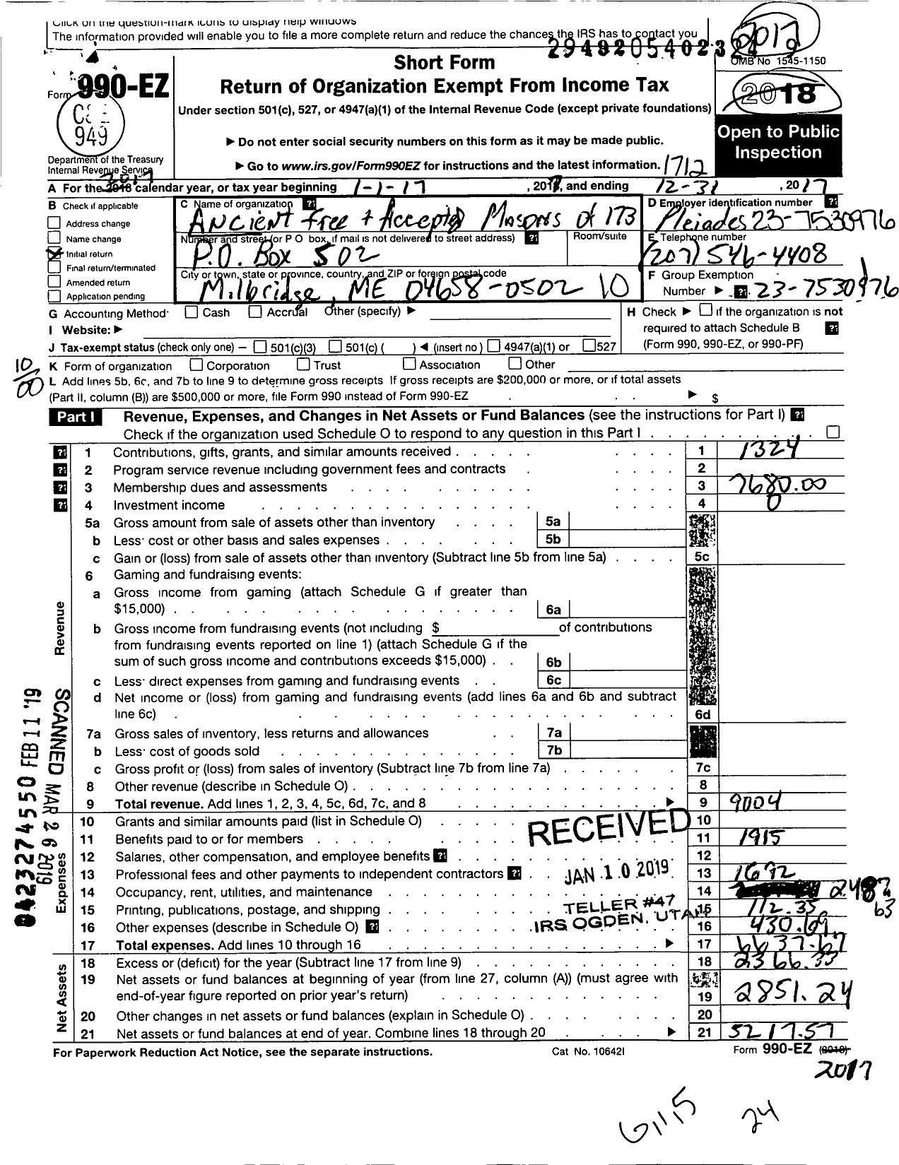 Image of first page of 2017 Form 990EO for Ancient Free and Accepted Masons of Maine - 173 Pleiades