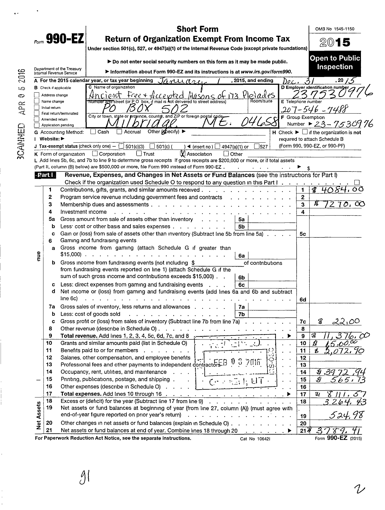 Image of first page of 2015 Form 990EO for Ancient Free and Accepted Masons of Maine - 173 Pleiades