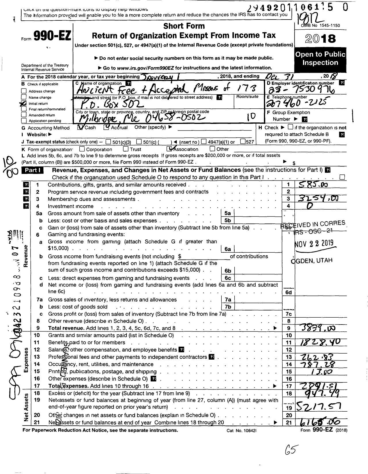 Image of first page of 2018 Form 990EO for Ancient Free and Accepted Masons of Maine - 173 Pleiades