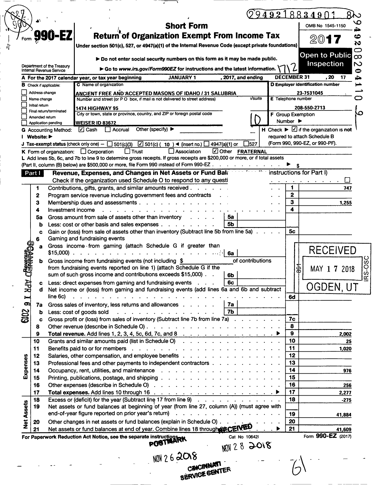 Image of first page of 2017 Form 990EO for Ancient Free and Accepted Masons 31 Salubria Incorporated