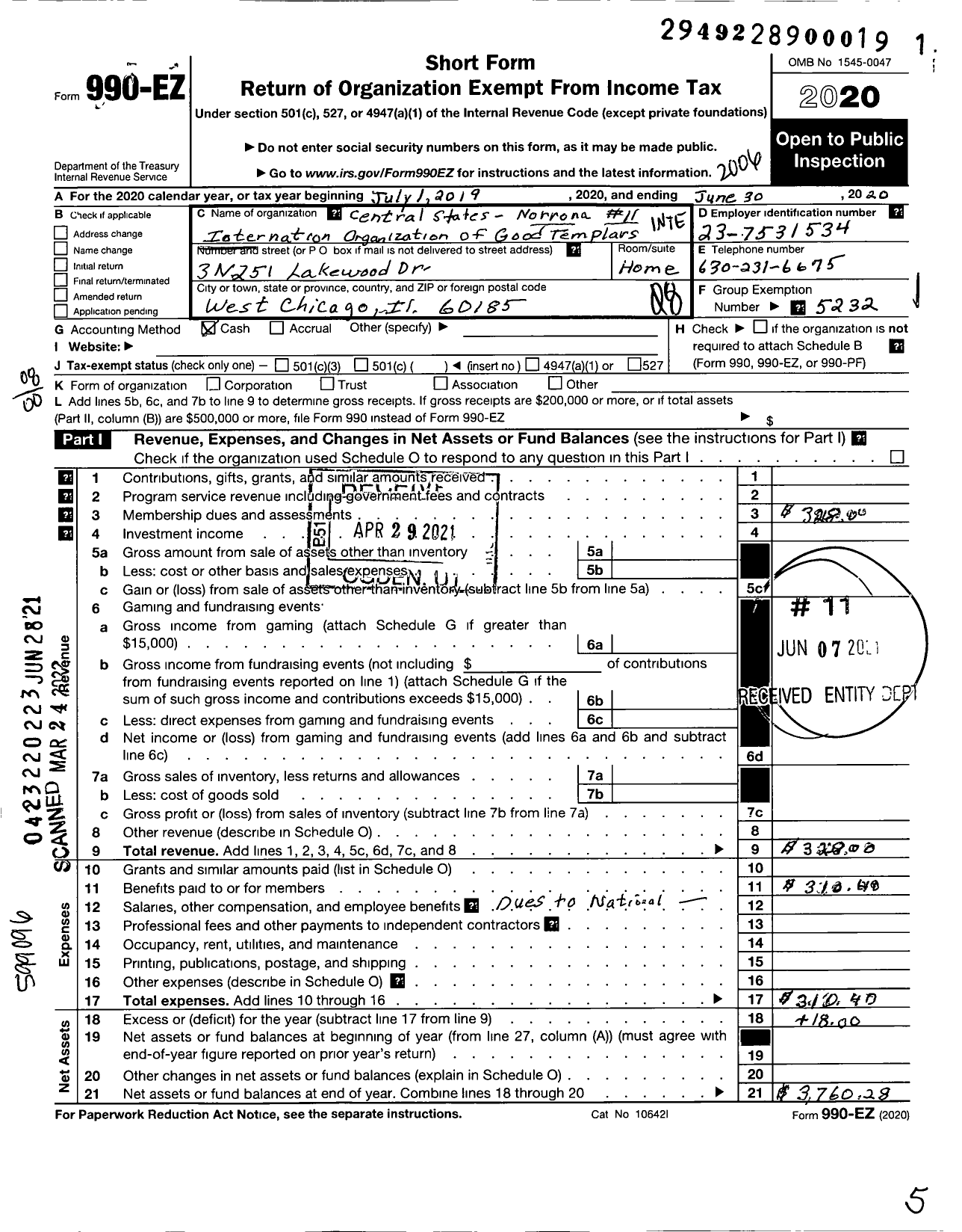 Image of first page of 2019 Form 990EO for International Organization of Good Templars Central States - 11 Norrona