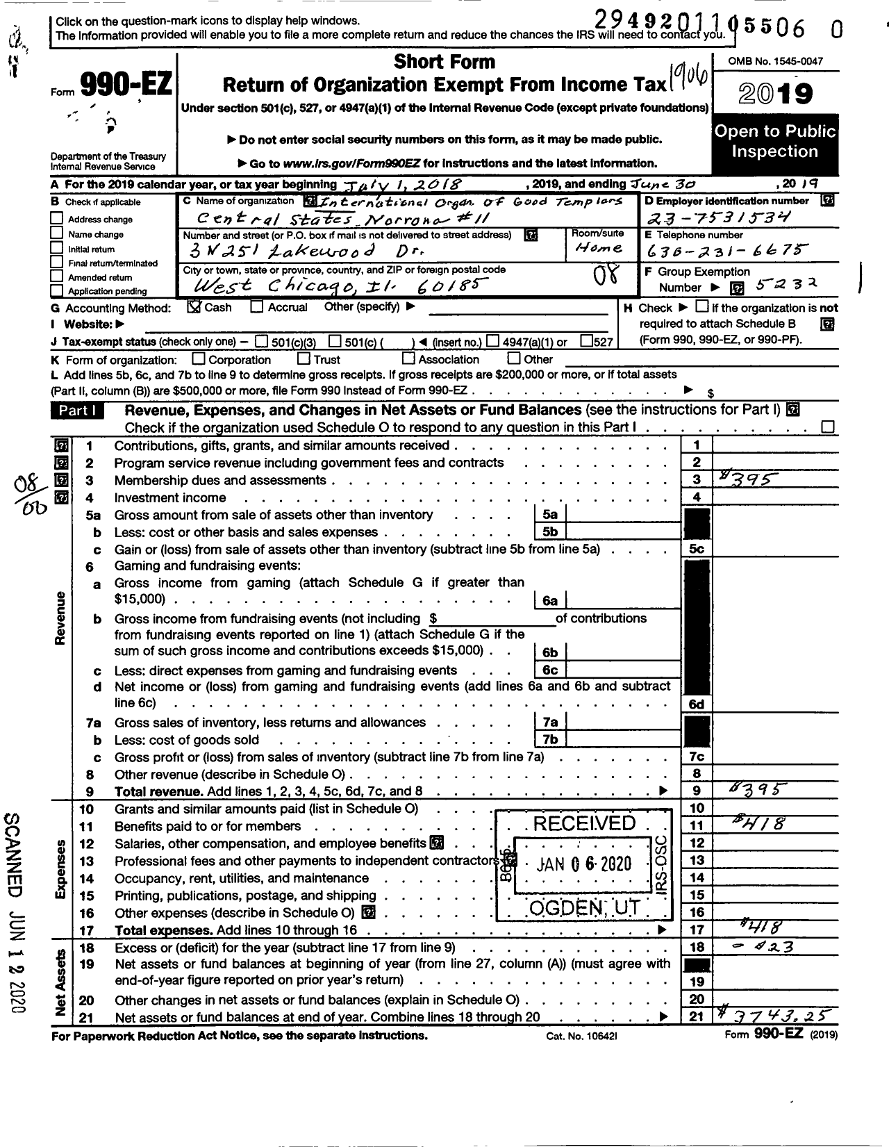 Image of first page of 2018 Form 990EO for International Organization of Good Templars Central States - 11 Norrona