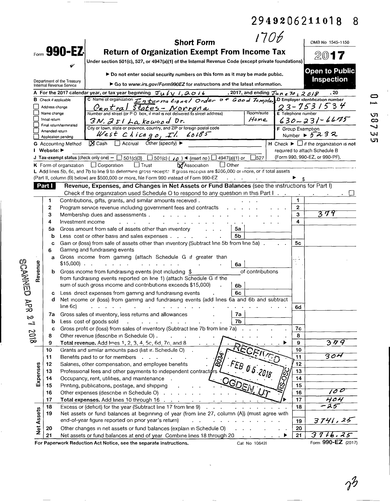 Image of first page of 2016 Form 990EO for International Organization of Good Templars Central States - 11 Norrona