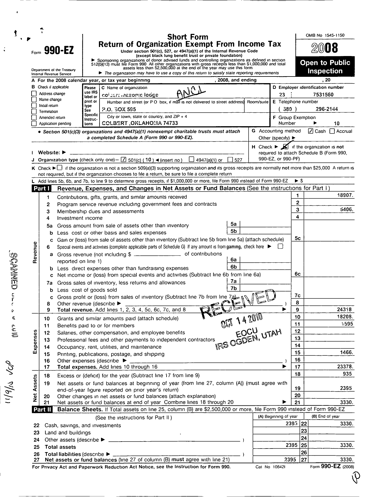 Image of first page of 2008 Form 990EO for Ancient Free and Accepted Masons of Oklahoma - 8 Colbert