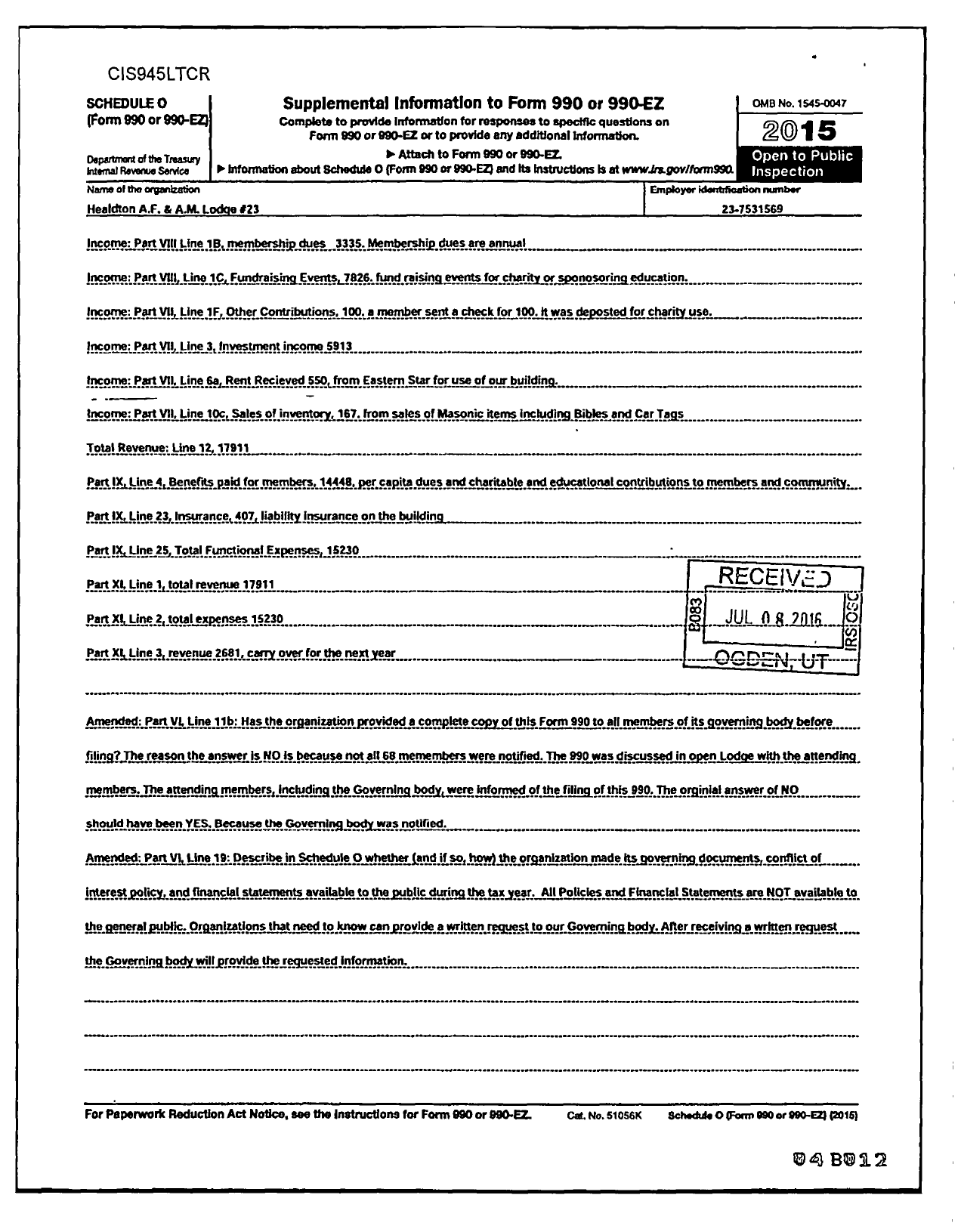 Image of first page of 2015 Form 990R for Ancient Free and Accepted Masons of Oklahoma - 23 Healdton