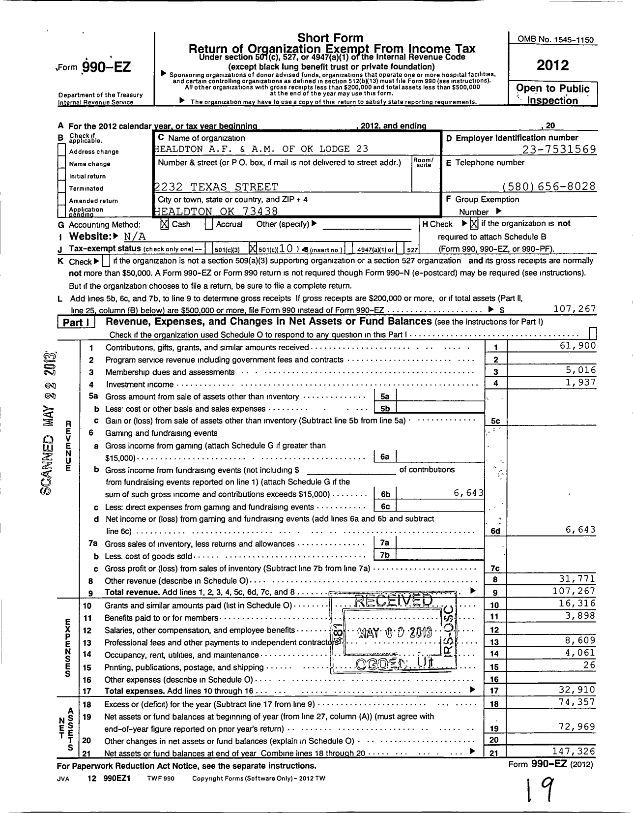 Image of first page of 2012 Form 990EO for Ancient Free and Accepted Masons of Oklahoma - 23 Healdton