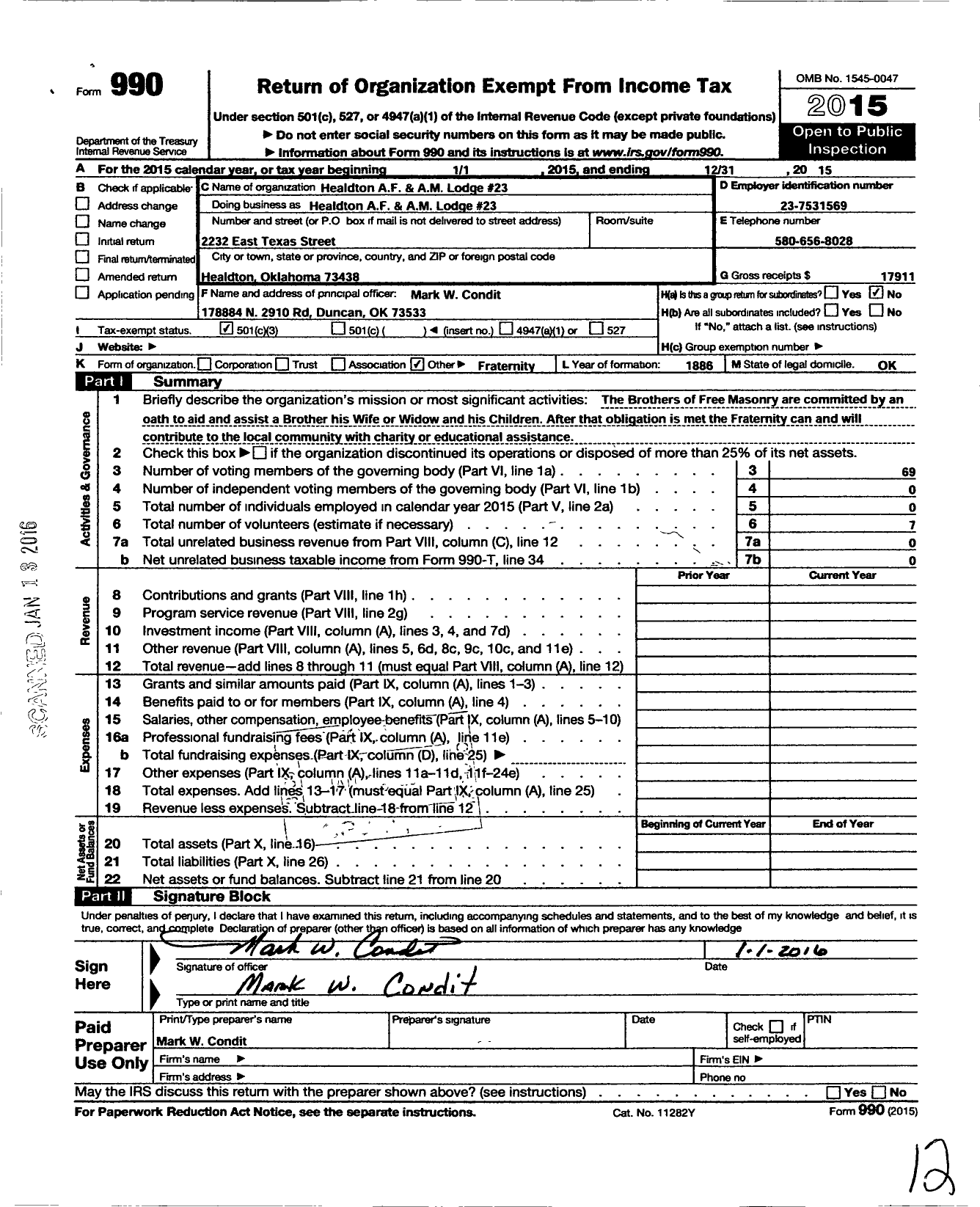 Image of first page of 2015 Form 990 for Ancient Free and Accepted Masons of Oklahoma - 23 Healdton