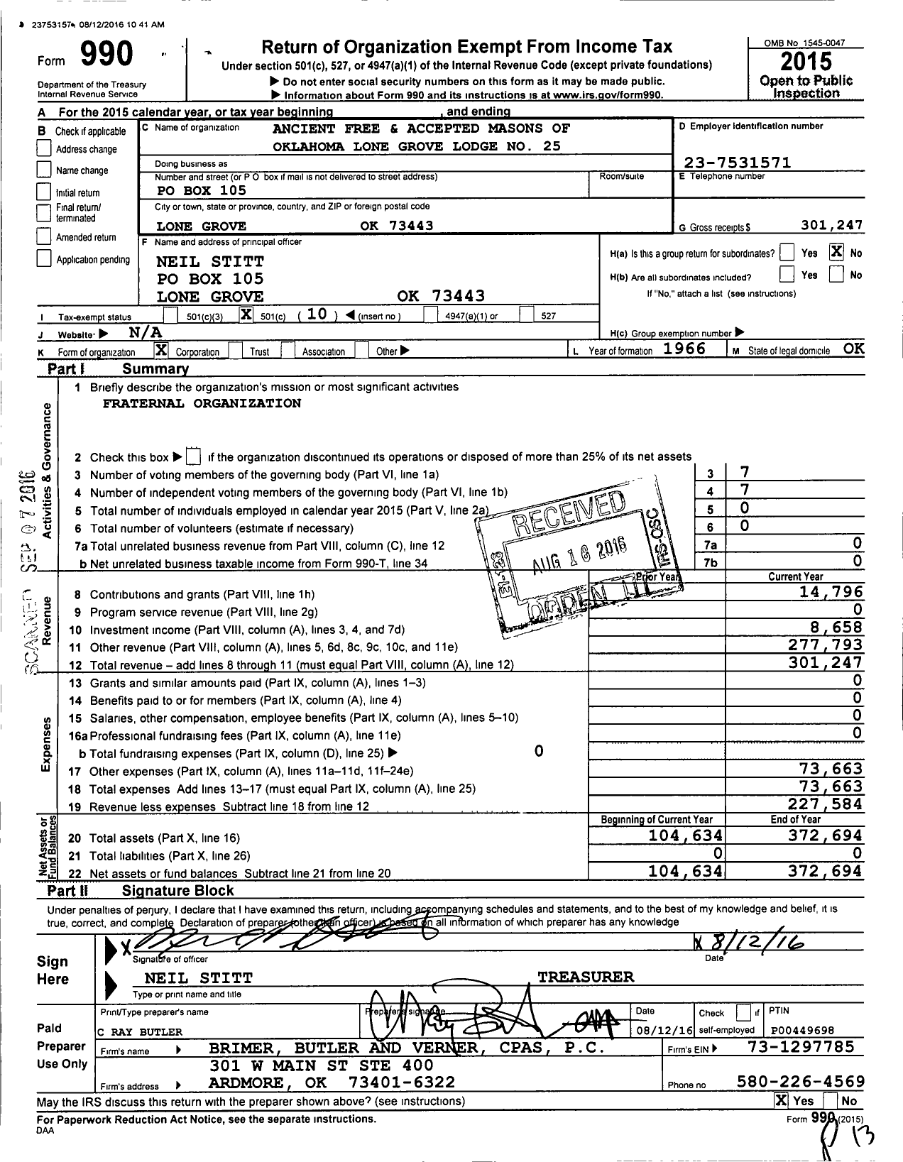 Image of first page of 2015 Form 990O for Ancient Free and Accepted Masons of Oklahoma - 25 Lone Grove