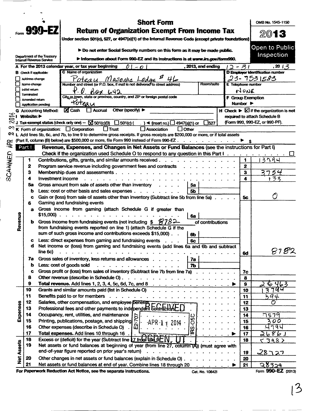 Image of first page of 2013 Form 990EZ for Ancient Free and Accepted Masons of Oklahoma - 46 Poteau