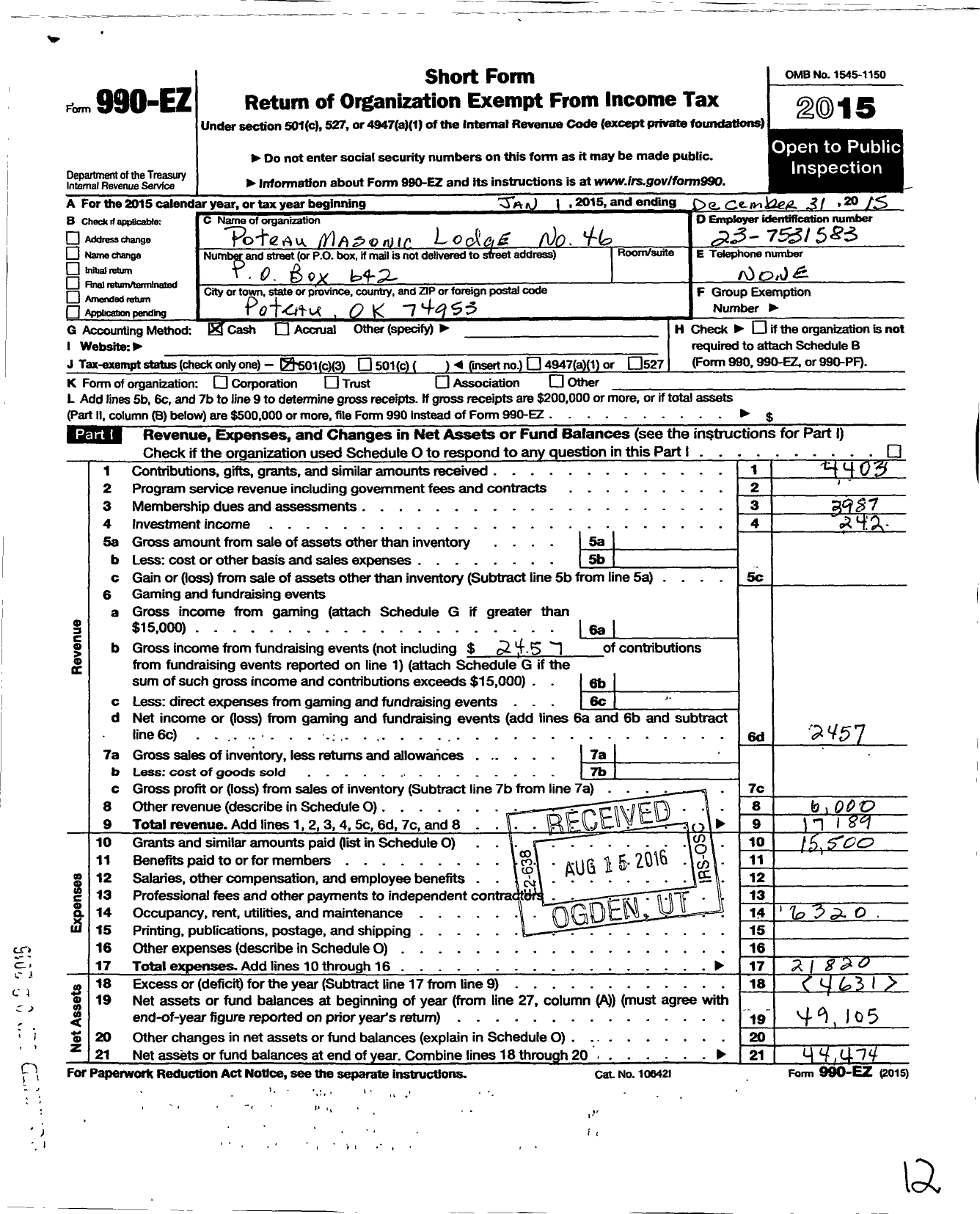 Image of first page of 2015 Form 990EZ for Ancient Free and Accepted Masons of Oklahoma - 46 Poteau