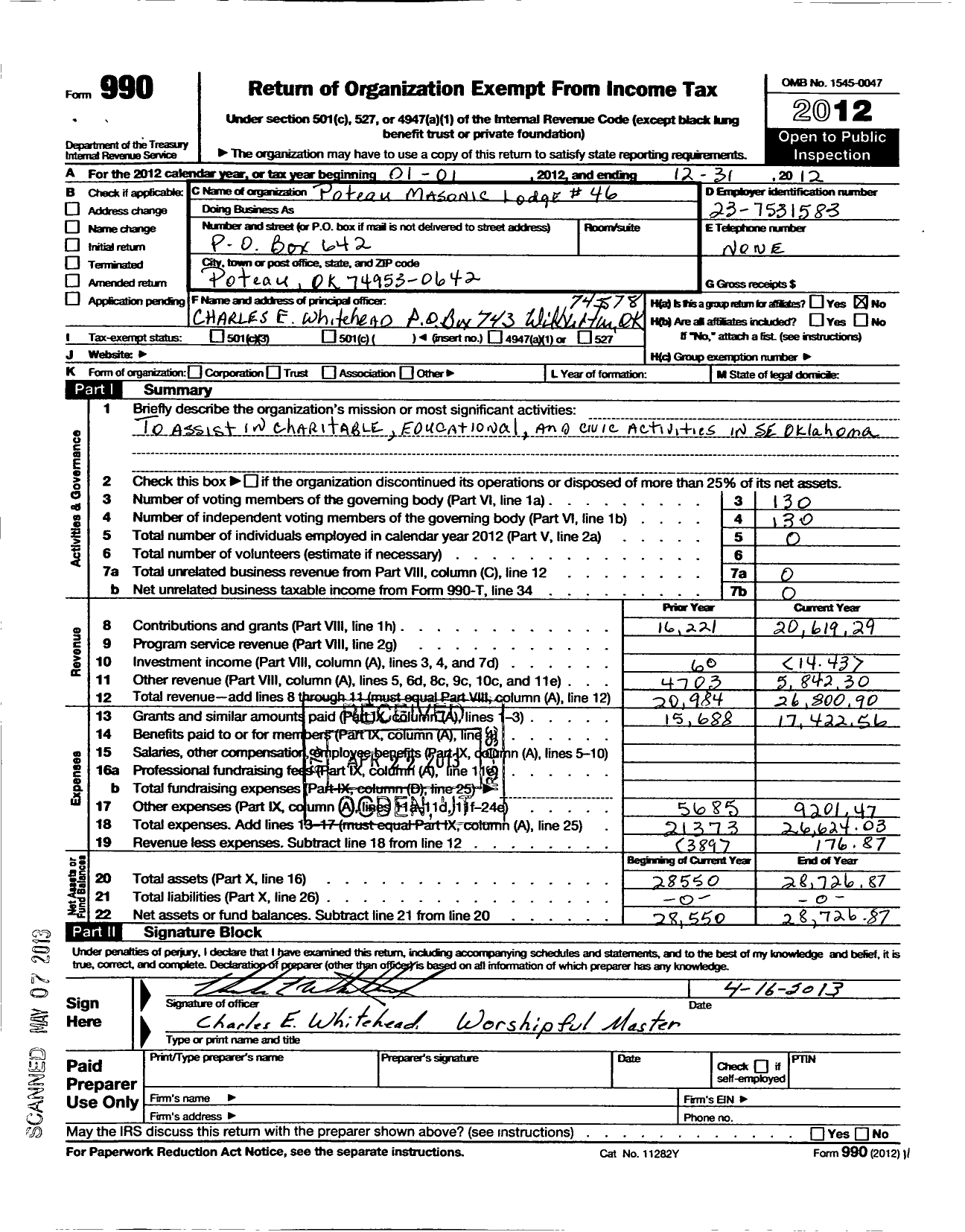 Image of first page of 2012 Form 990O for Ancient Free and Accepted Masons of Oklahoma - 46 Poteau