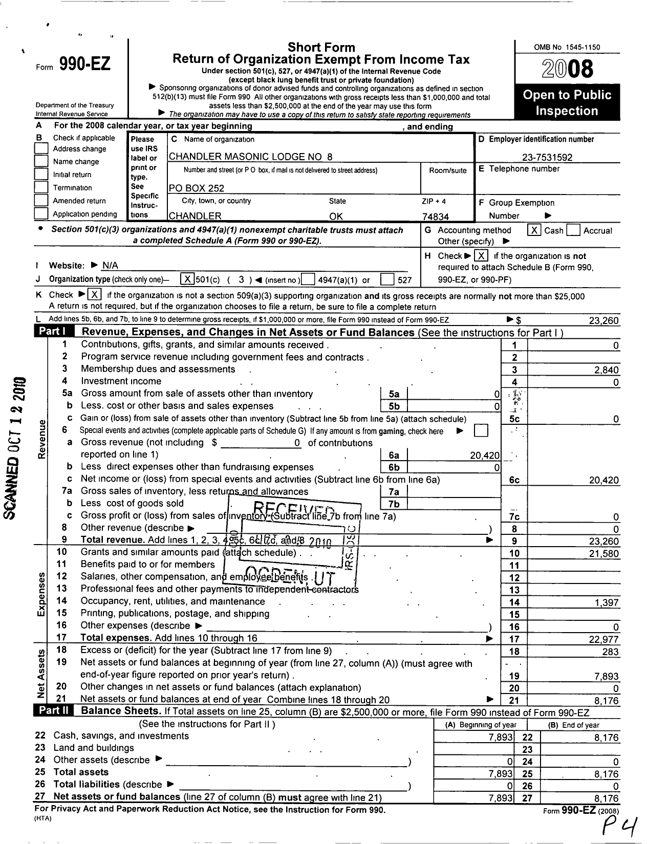 Image of first page of 2010 Form 990EZ for Ancient Free and Accepted Masons of Oklahoma - 58 Chandler