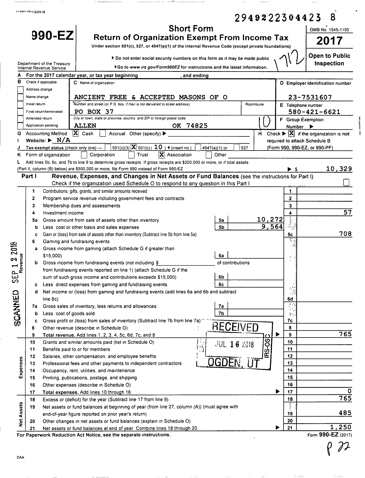 Image of first page of 2017 Form 990EO for Ancient Free and Accepted Masons of Oklahoma - 81 Allen