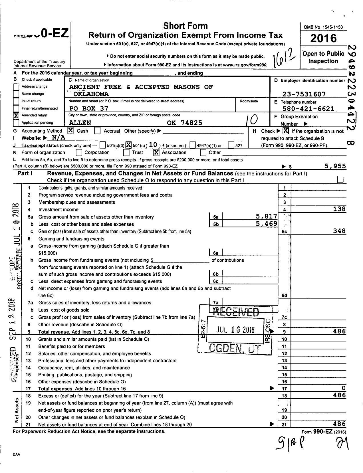 Image of first page of 2016 Form 990EO for Ancient Free and Accepted Masons of Oklahoma - 81 Allen