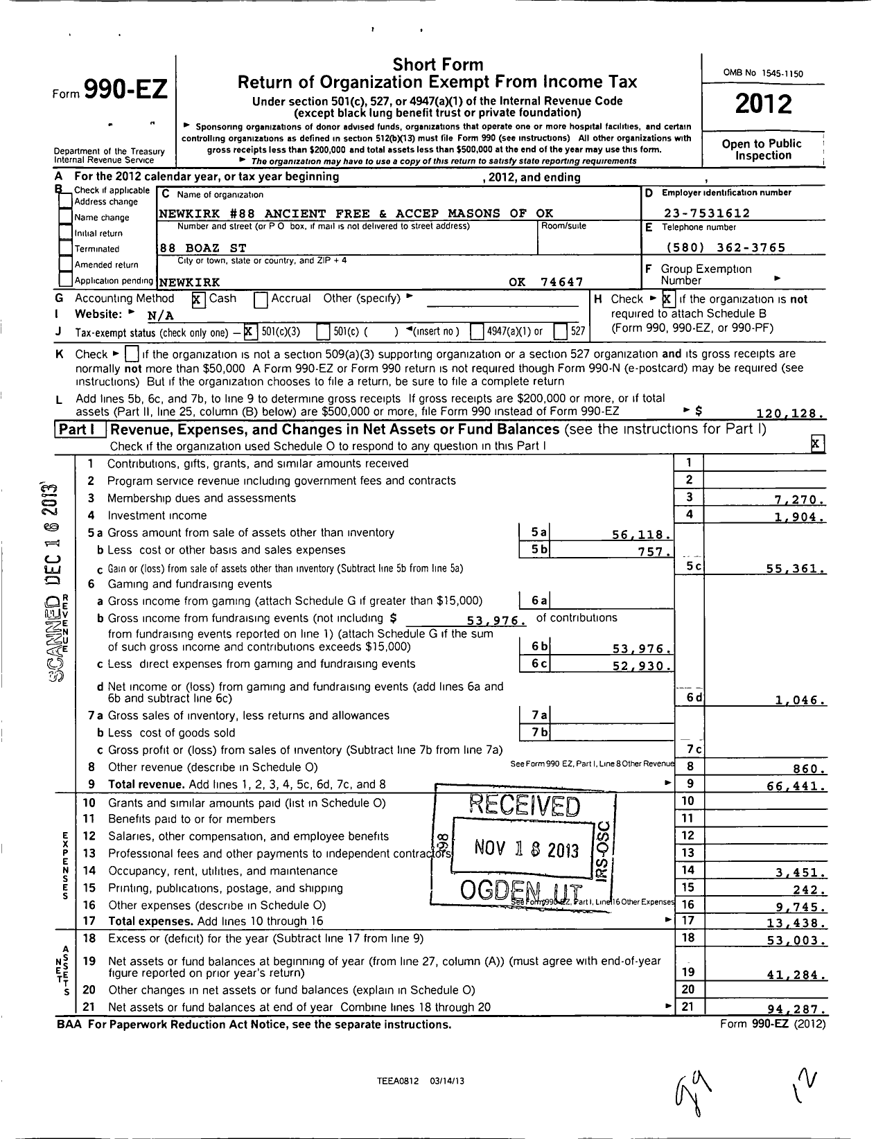 Image of first page of 2012 Form 990EZ for Ancient Free and Accepted Masons of Oklahoma - 88 Newkirk