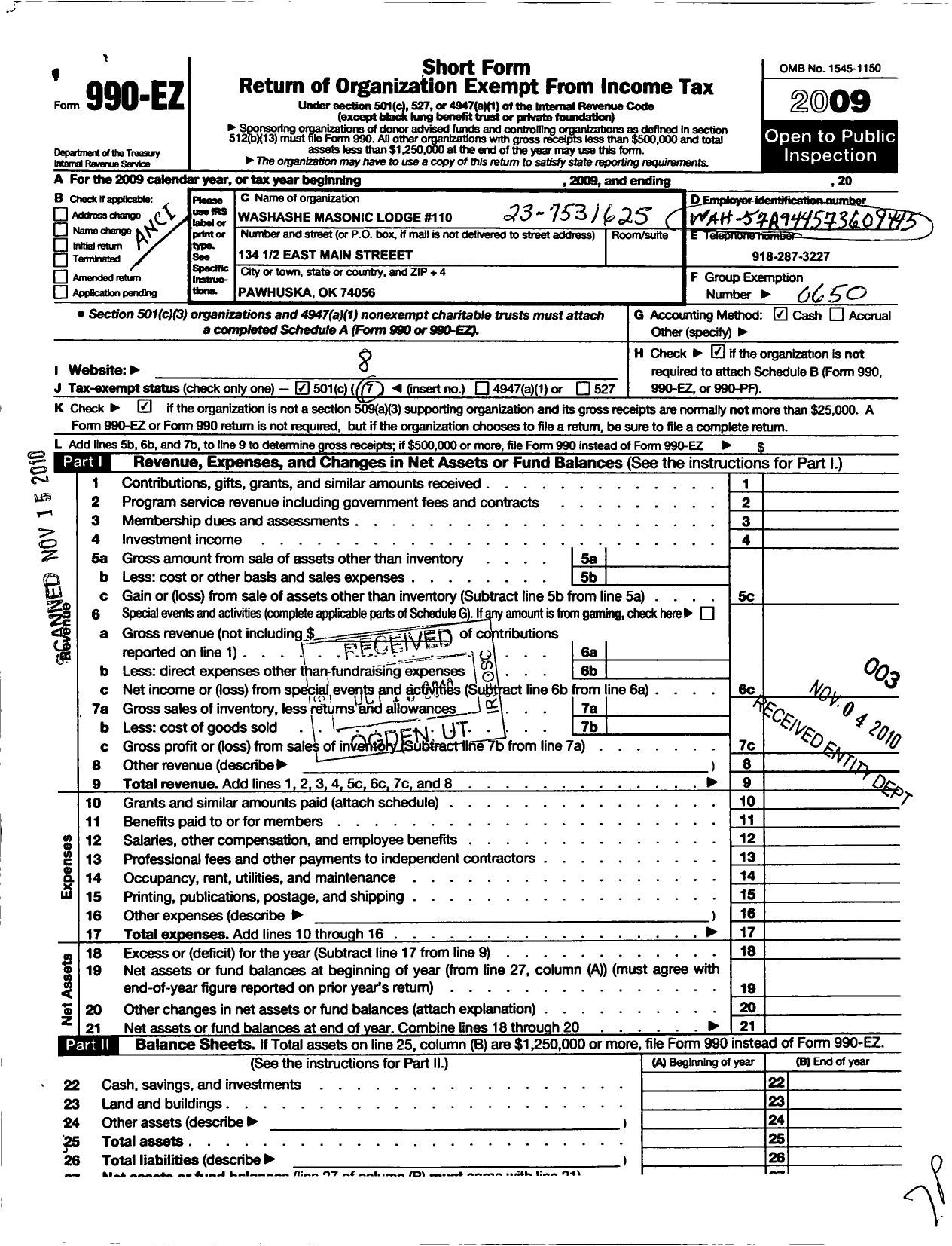 Image of first page of 2009 Form 990EO for Ancient Free and Accepted Masons of Oklahoma - 110 Wah-Shah-She