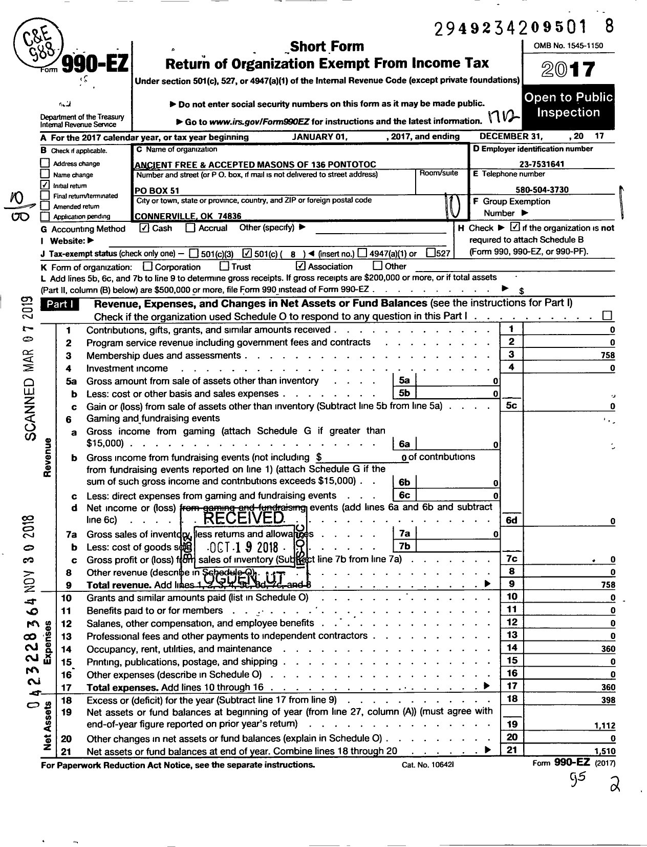 Image of first page of 2017 Form 990EO for Ancient Free and Accepted Masons of Oklahoma - 136 Pontotoc