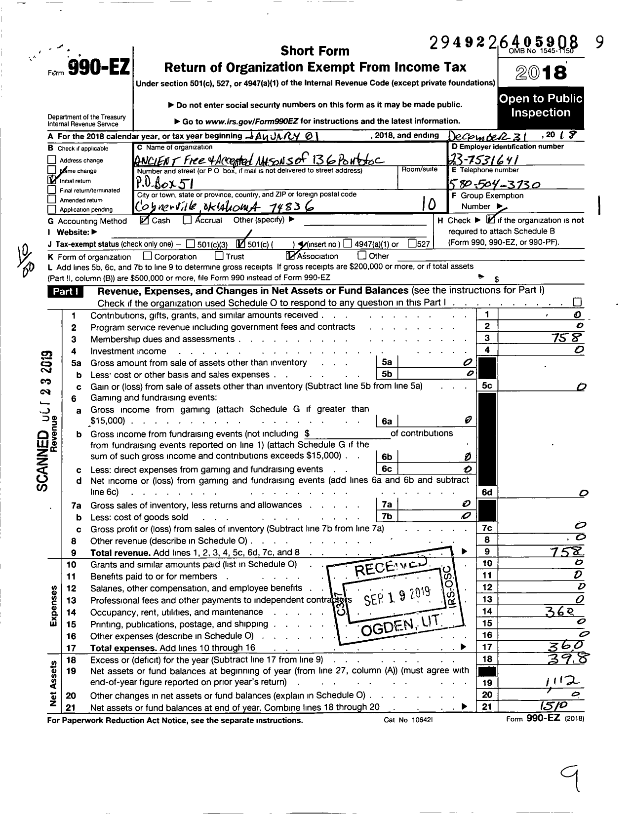 Image of first page of 2018 Form 990EO for Ancient Free and Accepted Masons of Oklahoma - 136 Pontotoc