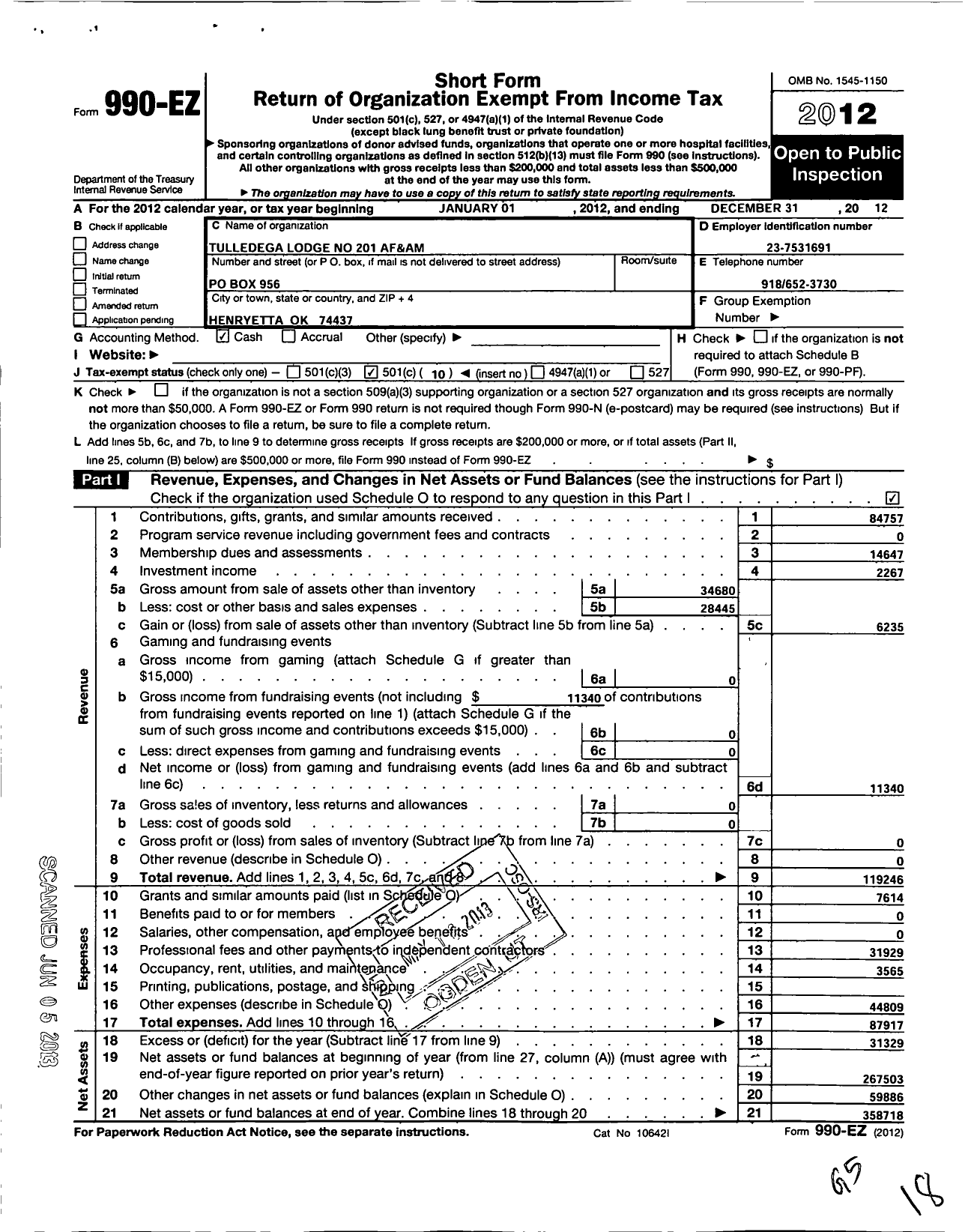 Image of first page of 2012 Form 990EO for Ancient Free and Accepted Masons of Oklahoma - 201 Tulledega