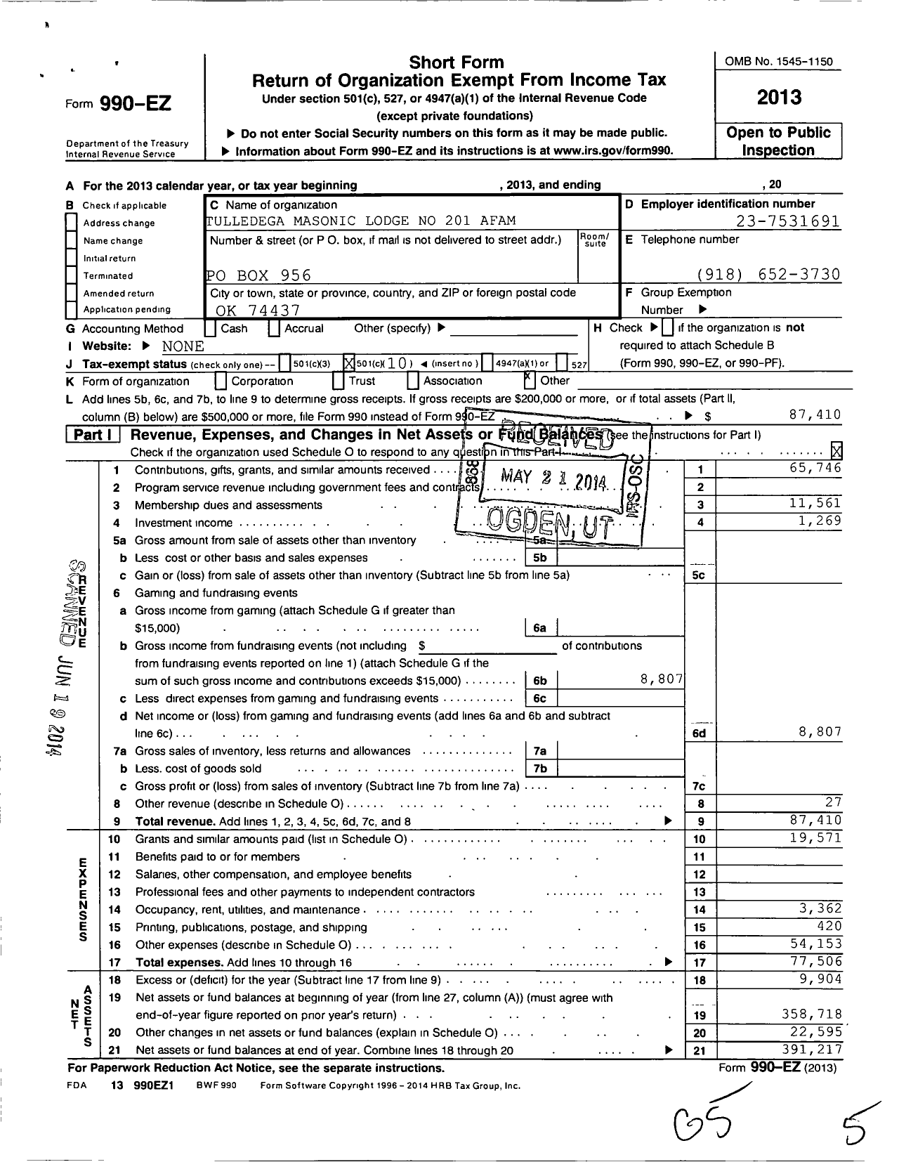 Image of first page of 2013 Form 990EO for Ancient Free and Accepted Masons of Oklahoma - 201 Tulledega