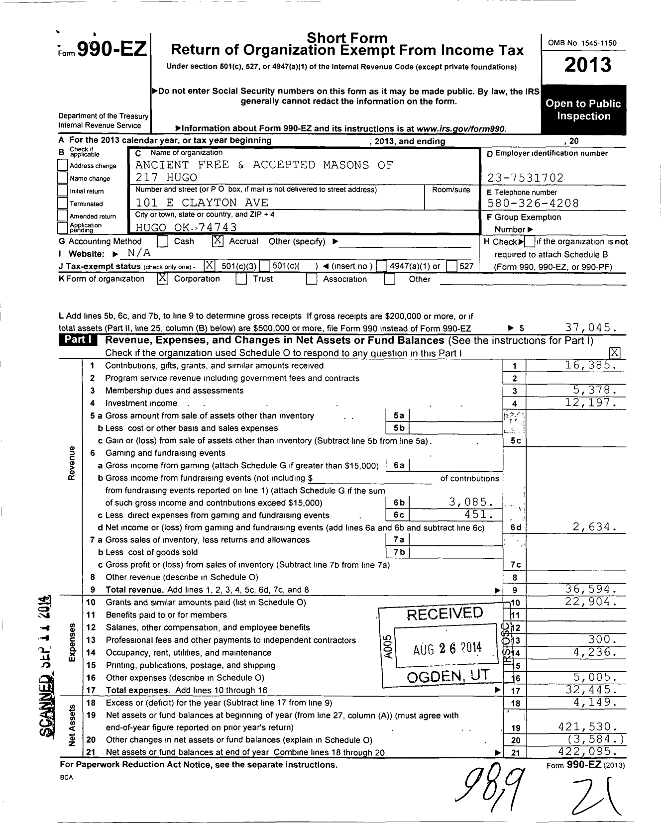 Image of first page of 2013 Form 990EZ for Ancient Free and Accepted Masons of Oklahoma - 217 Hugo