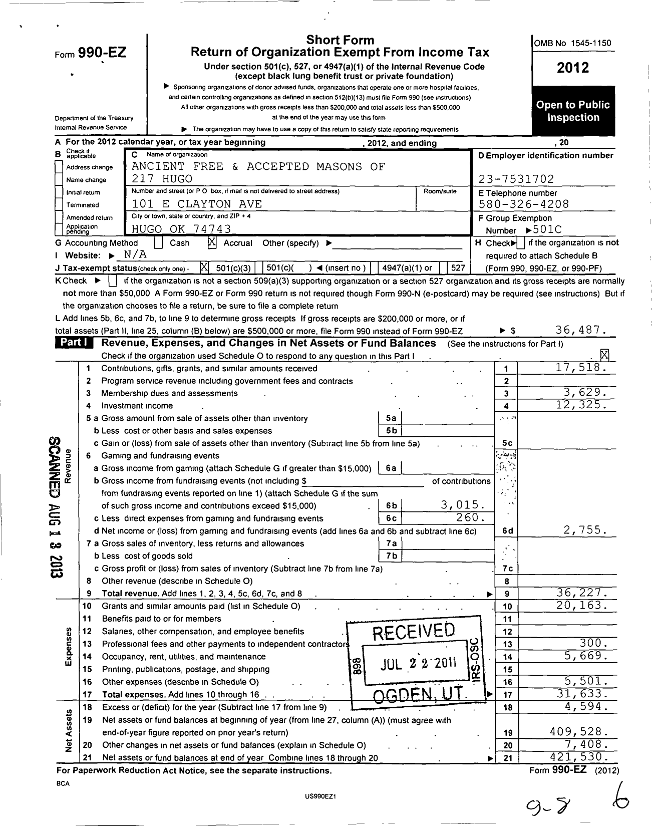 Image of first page of 2012 Form 990EZ for Ancient Free and Accepted Masons of Oklahoma - 217 Hugo