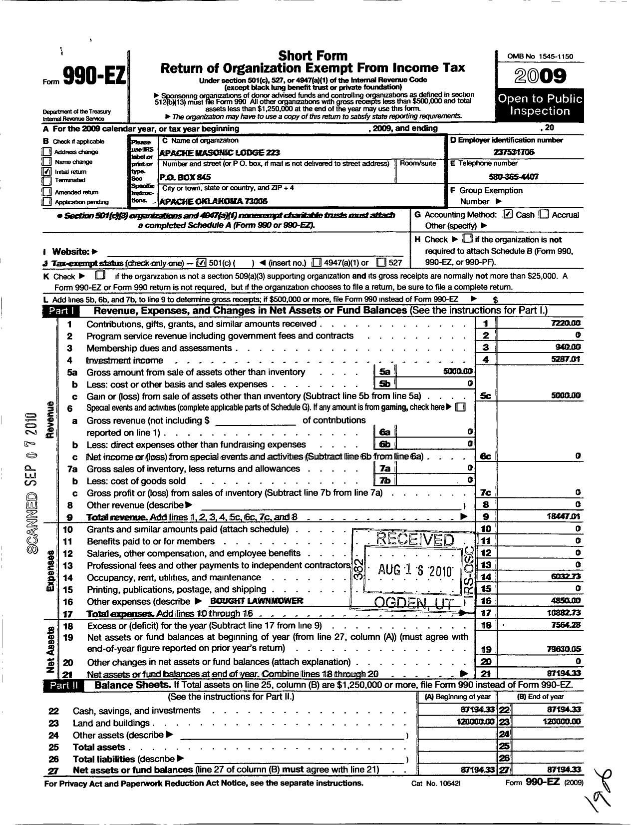 Image of first page of 2009 Form 990EO for Ancient Free and Accepted Masons of Oklahoma - 223 Apache