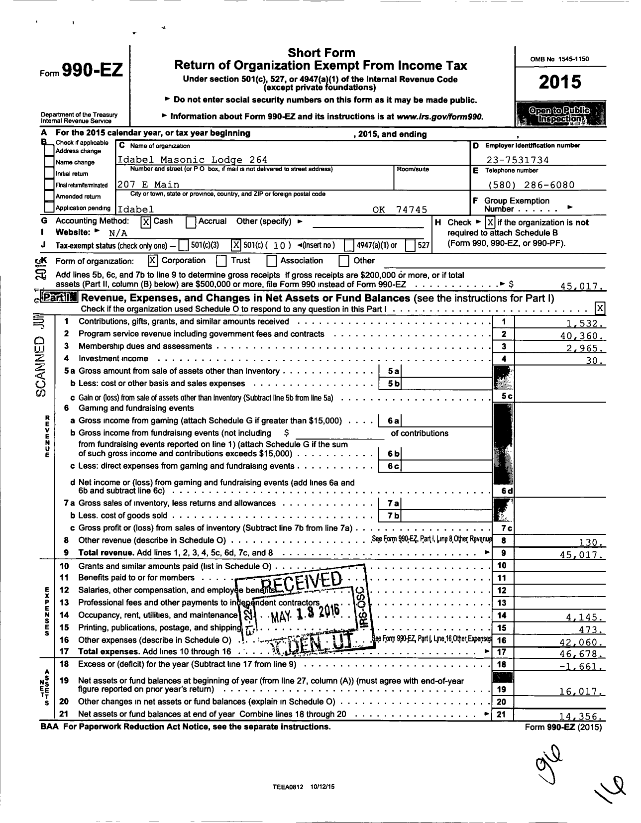 Image of first page of 2015 Form 990EO for Ancient Free and Accepted Masons of Oklahoma - 264 Idabel