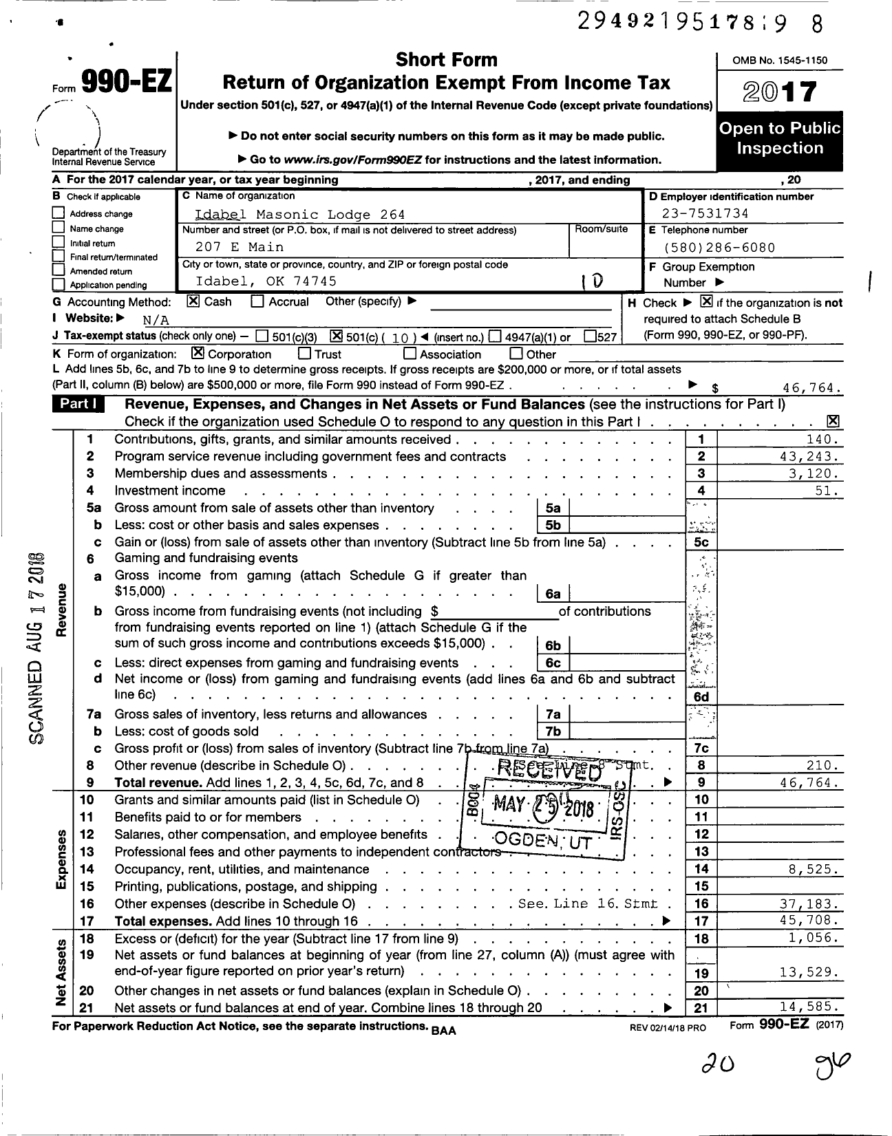 Image of first page of 2017 Form 990EO for Ancient Free and Accepted Masons of Oklahoma - 264 Idabel