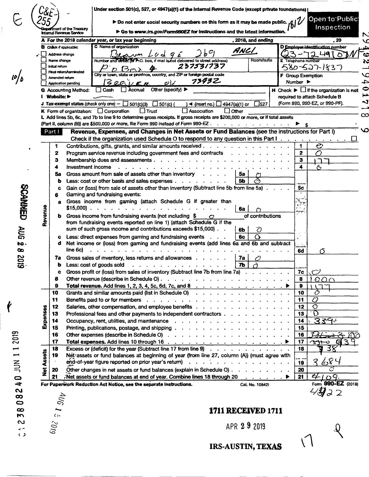 Image of first page of 2018 Form 990EO for Ancient Free and Accepted Masons of Oklahoma - 269 Beaver