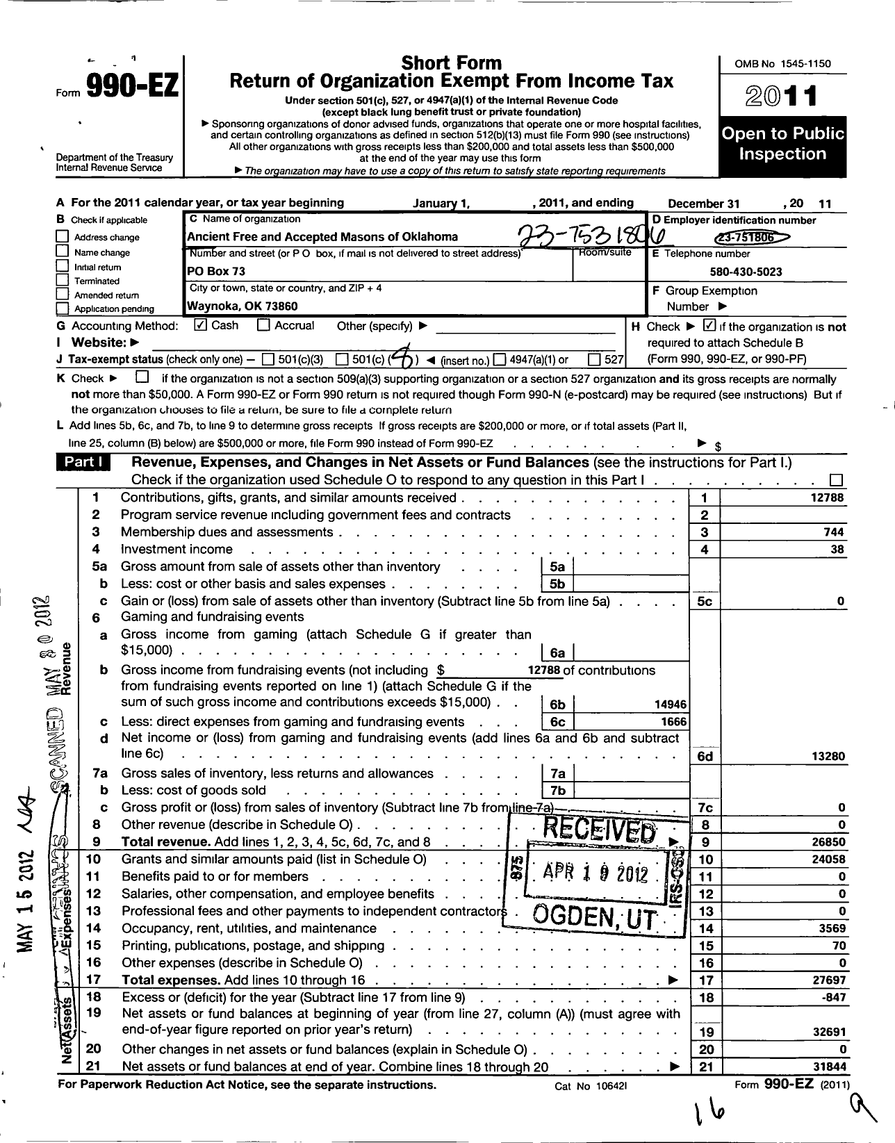 Image of first page of 2011 Form 990EO for Ancient Free and Accepted Masons of Oklahoma - 422 Waynoka