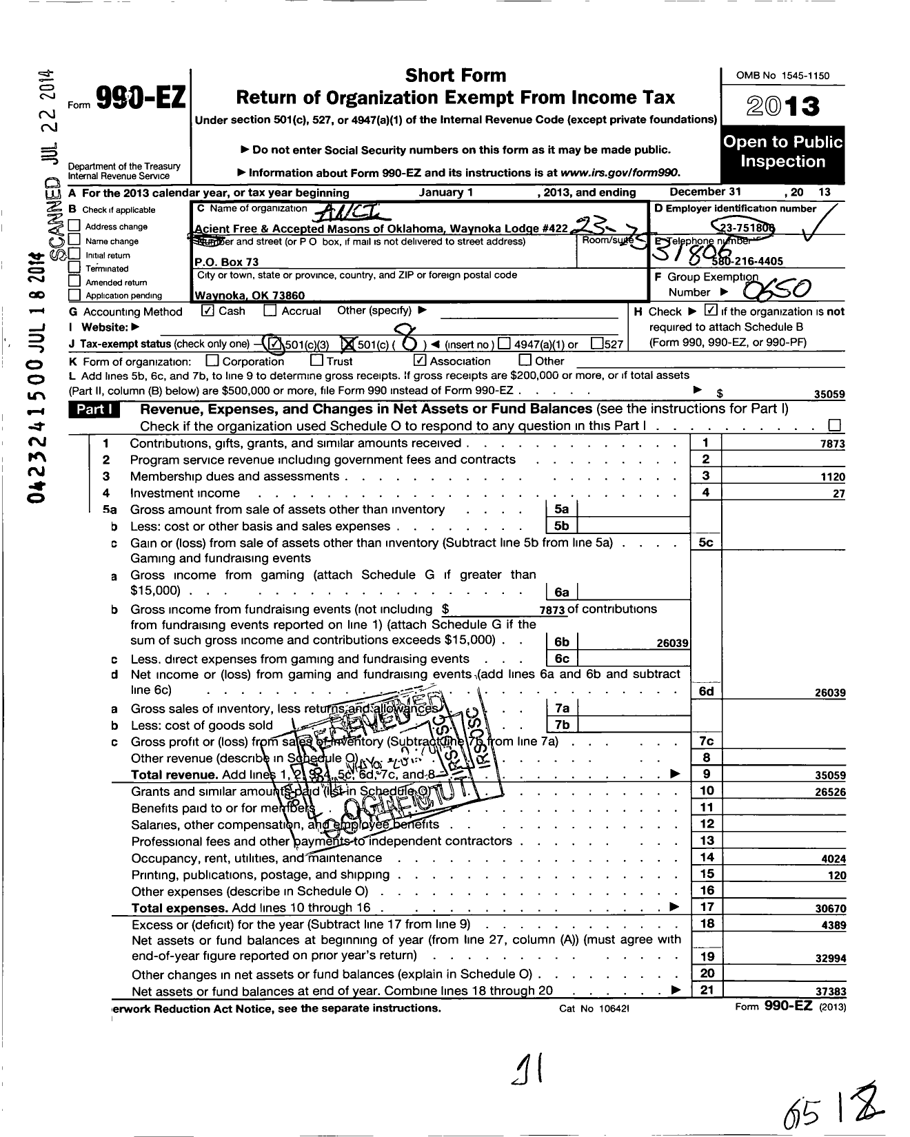 Image of first page of 2013 Form 990EO for Ancient Free and Accepted Masons of Oklahoma - 422 Waynoka