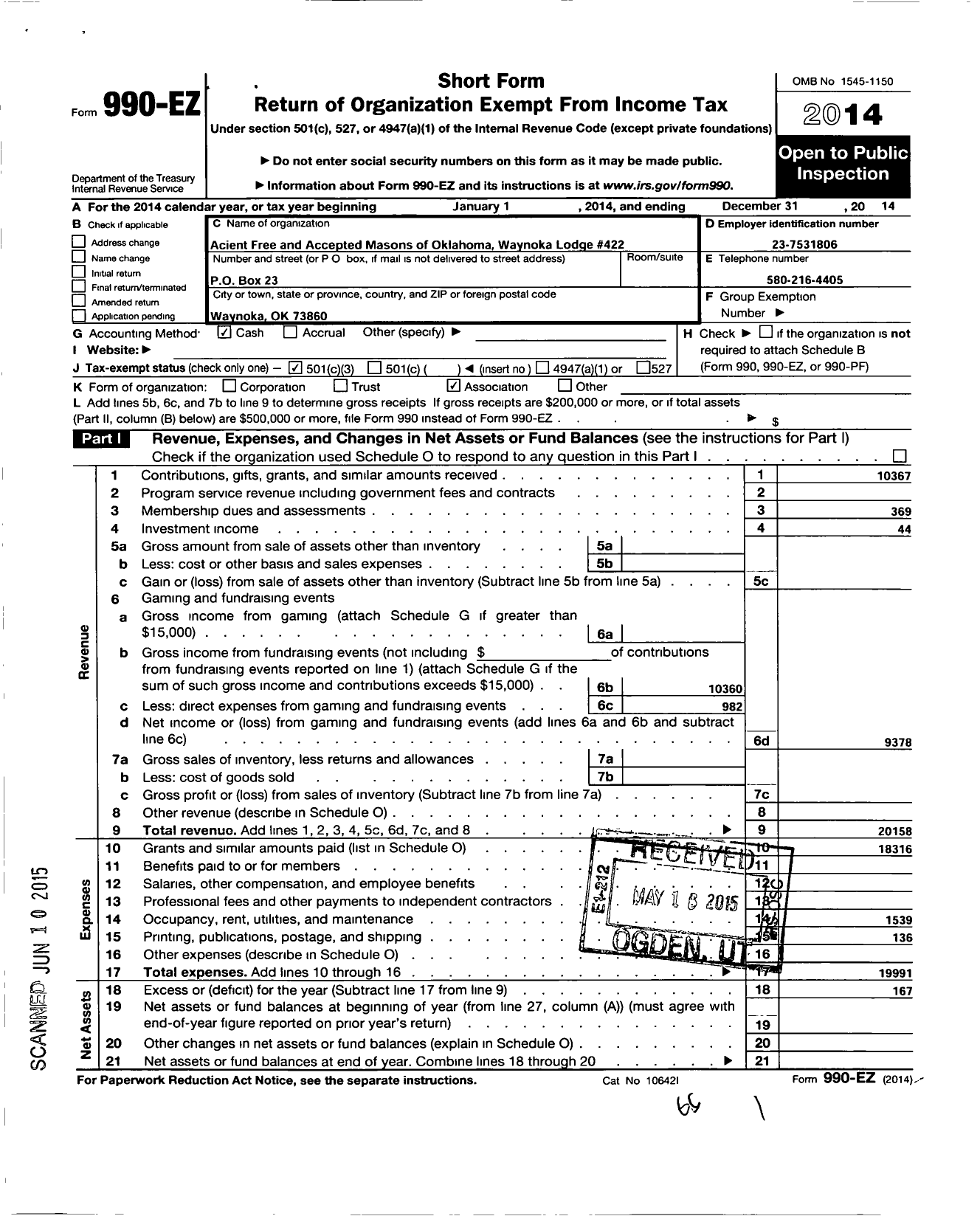 Image of first page of 2014 Form 990EZ for Ancient Free and Accepted Masons of Oklahoma - 422 Waynoka