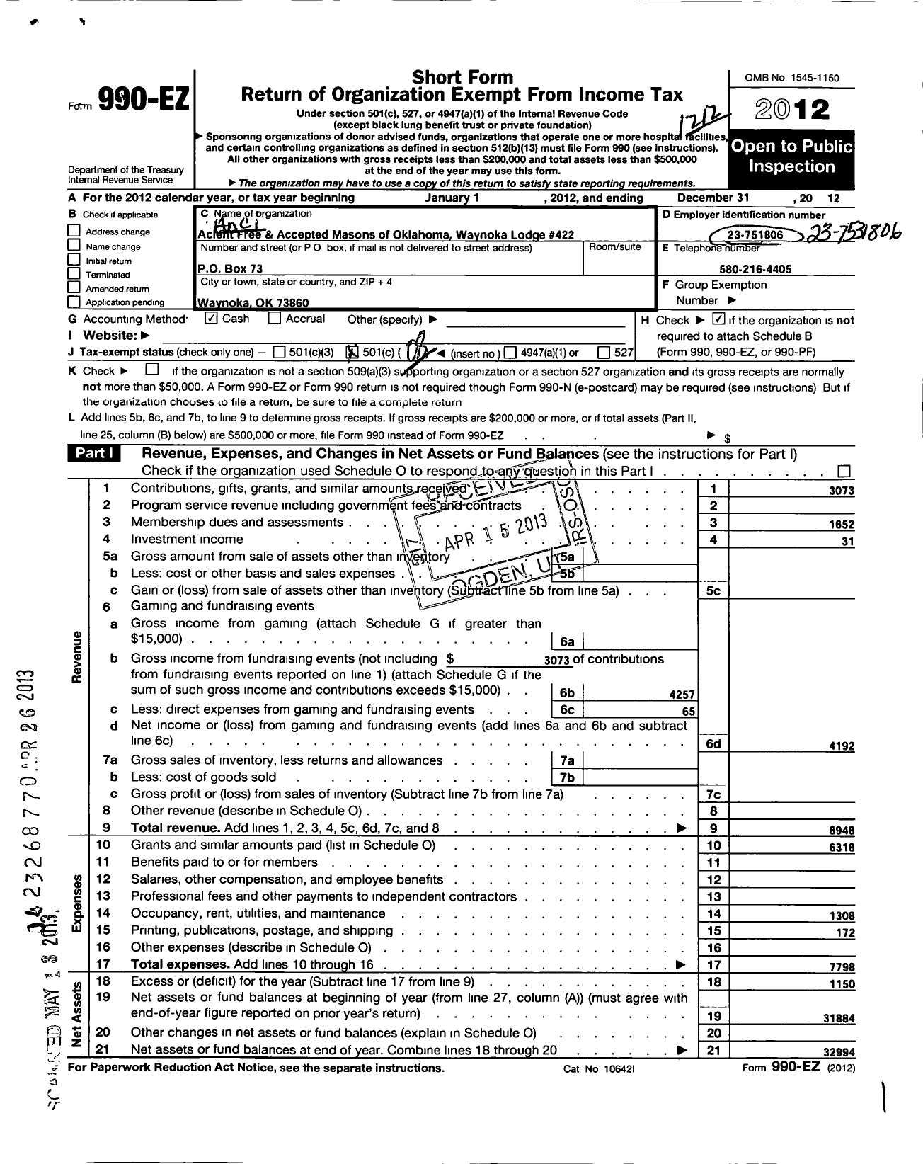 Image of first page of 2012 Form 990EO for Ancient Free and Accepted Masons of Oklahoma - 422 Waynoka