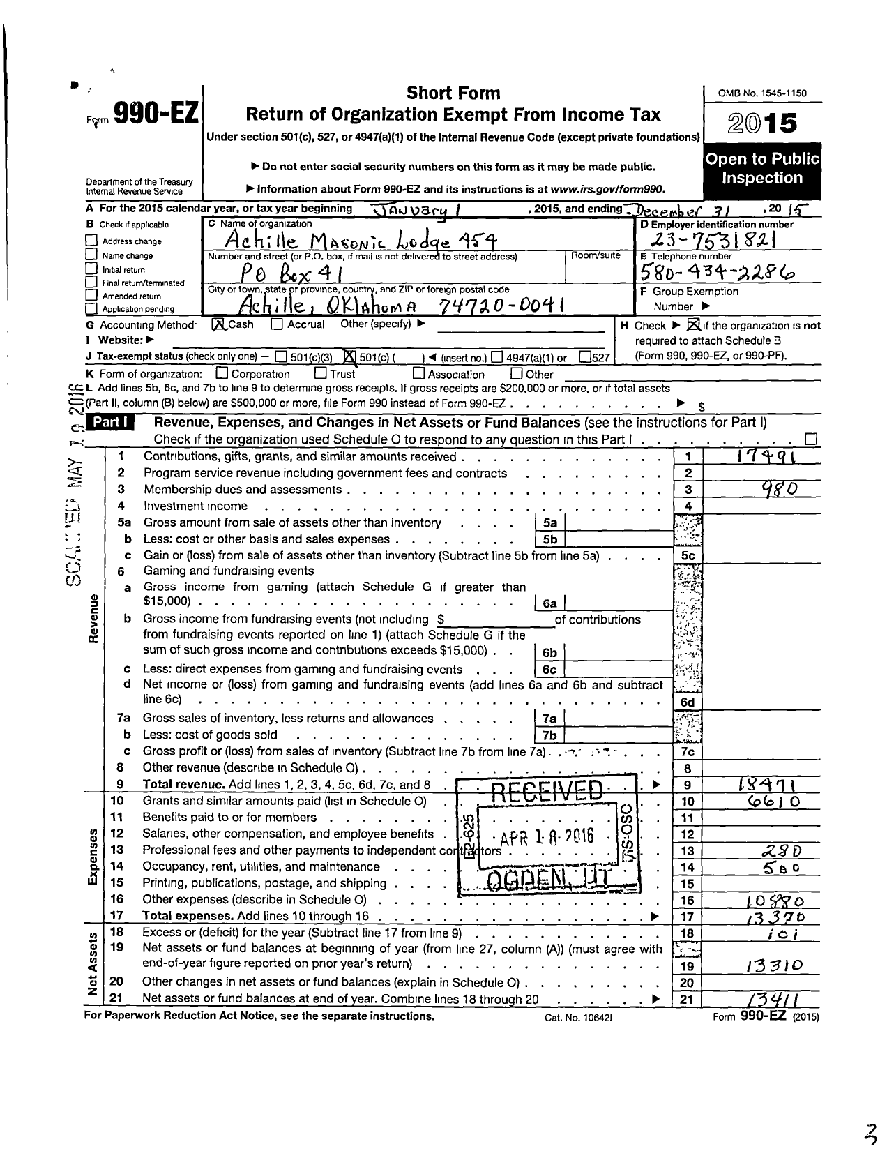 Image of first page of 2015 Form 990EO for Ancient Free and Accepted Masons of Oklahoma - 454 Achille