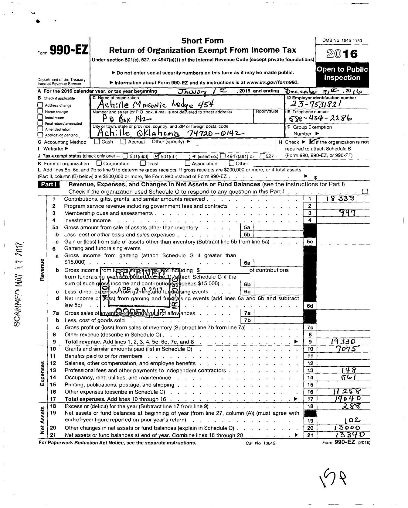 Image of first page of 2016 Form 990EO for Ancient Free and Accepted Masons of Oklahoma - 454 Achille