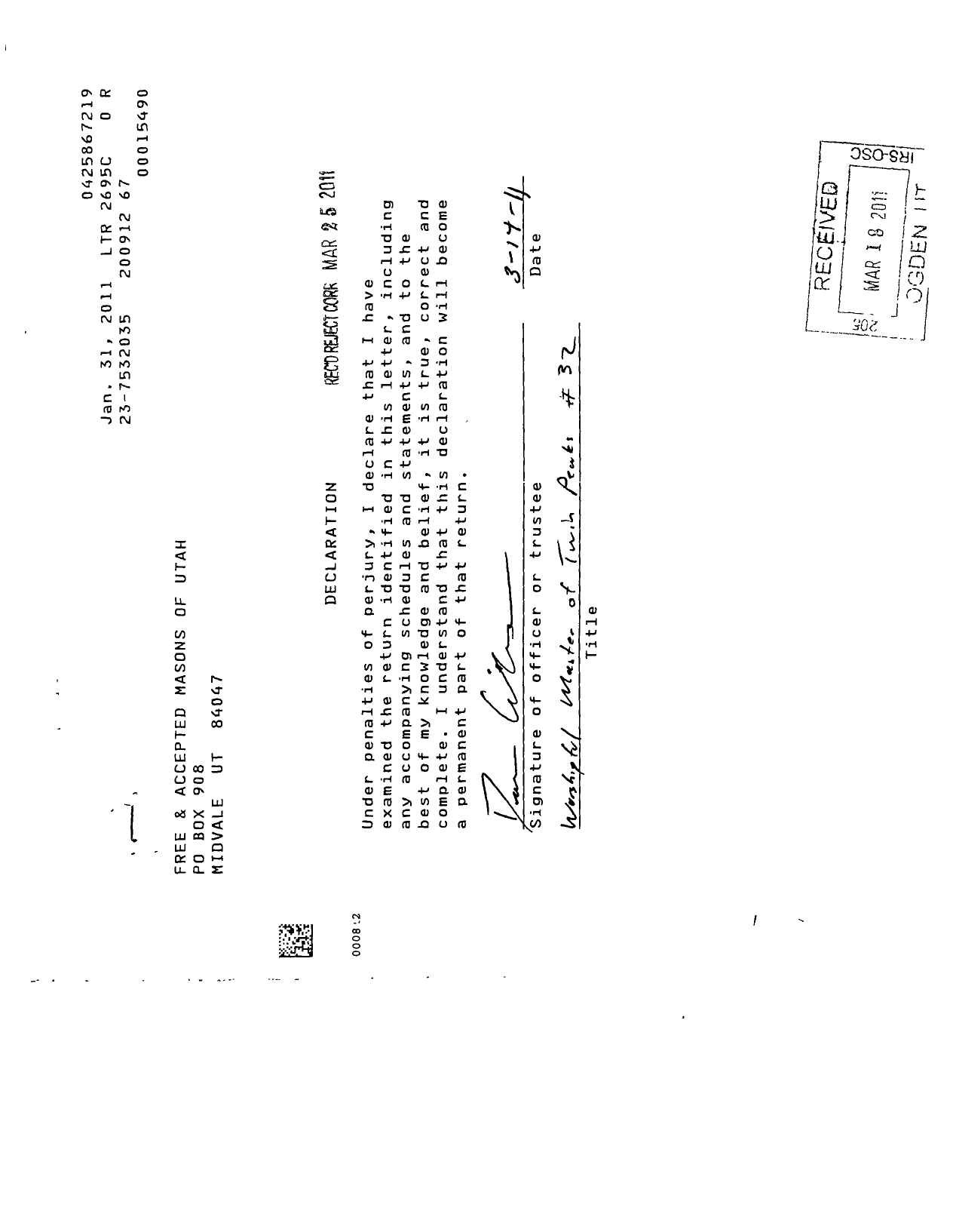 Image of first page of 2009 Form 990EOR for Free and Accepted Masons of Utah - 32 Twin Peaks Lodge