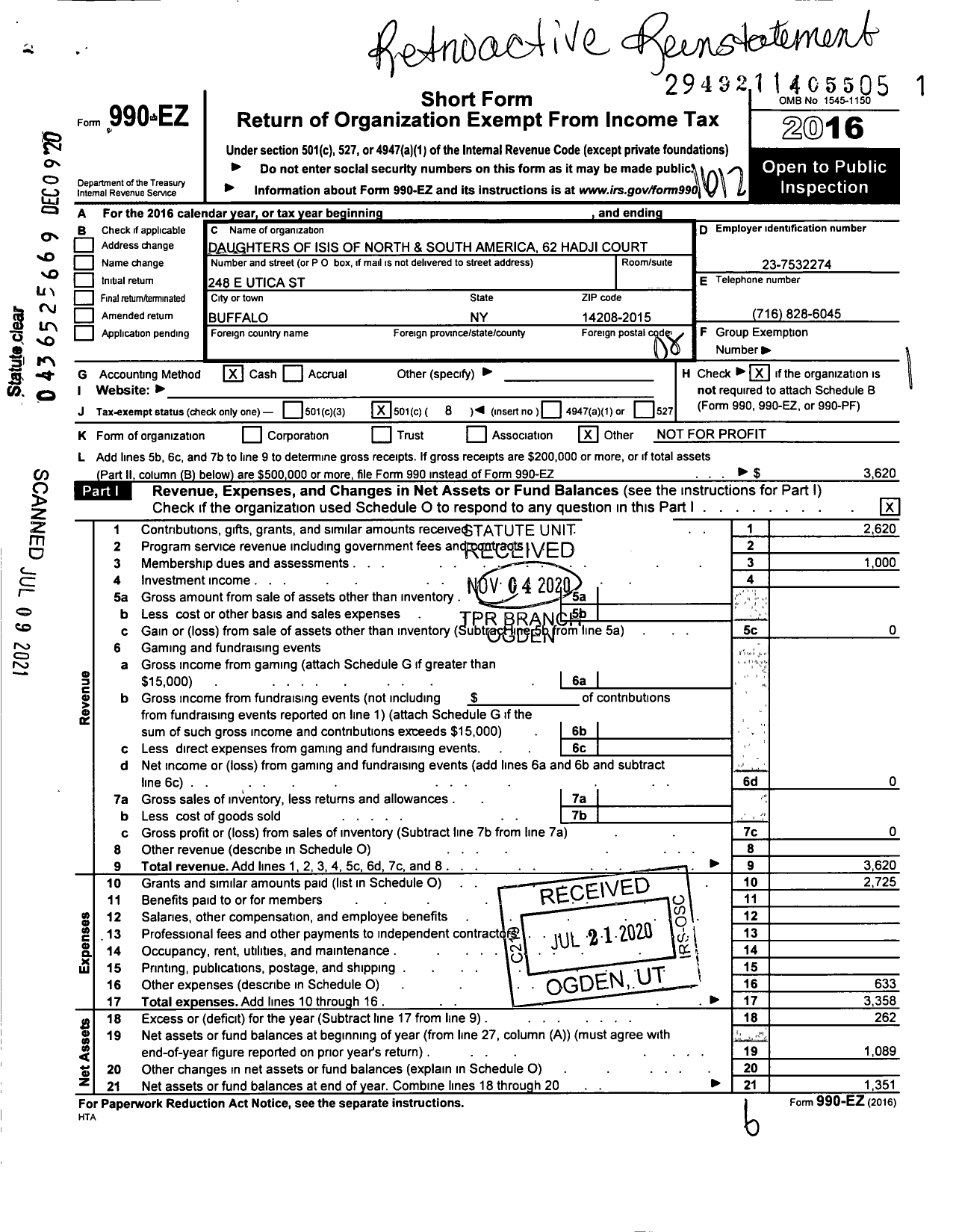 Image of first page of 2016 Form 990EO for Hadji Court No 62 of the Daughters of Isis