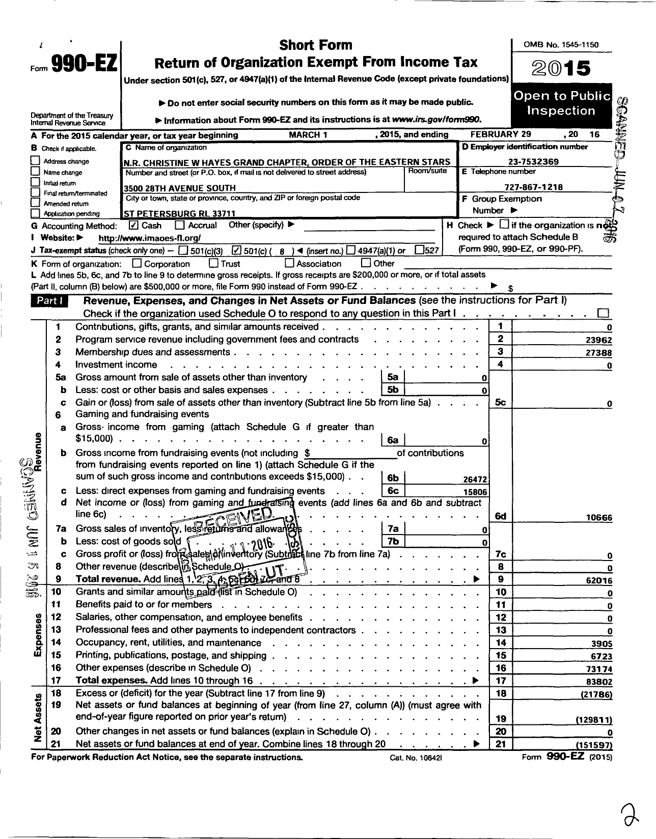 Image of first page of 2015 Form 990EO for NR Christine W Hayes Grand Chapter