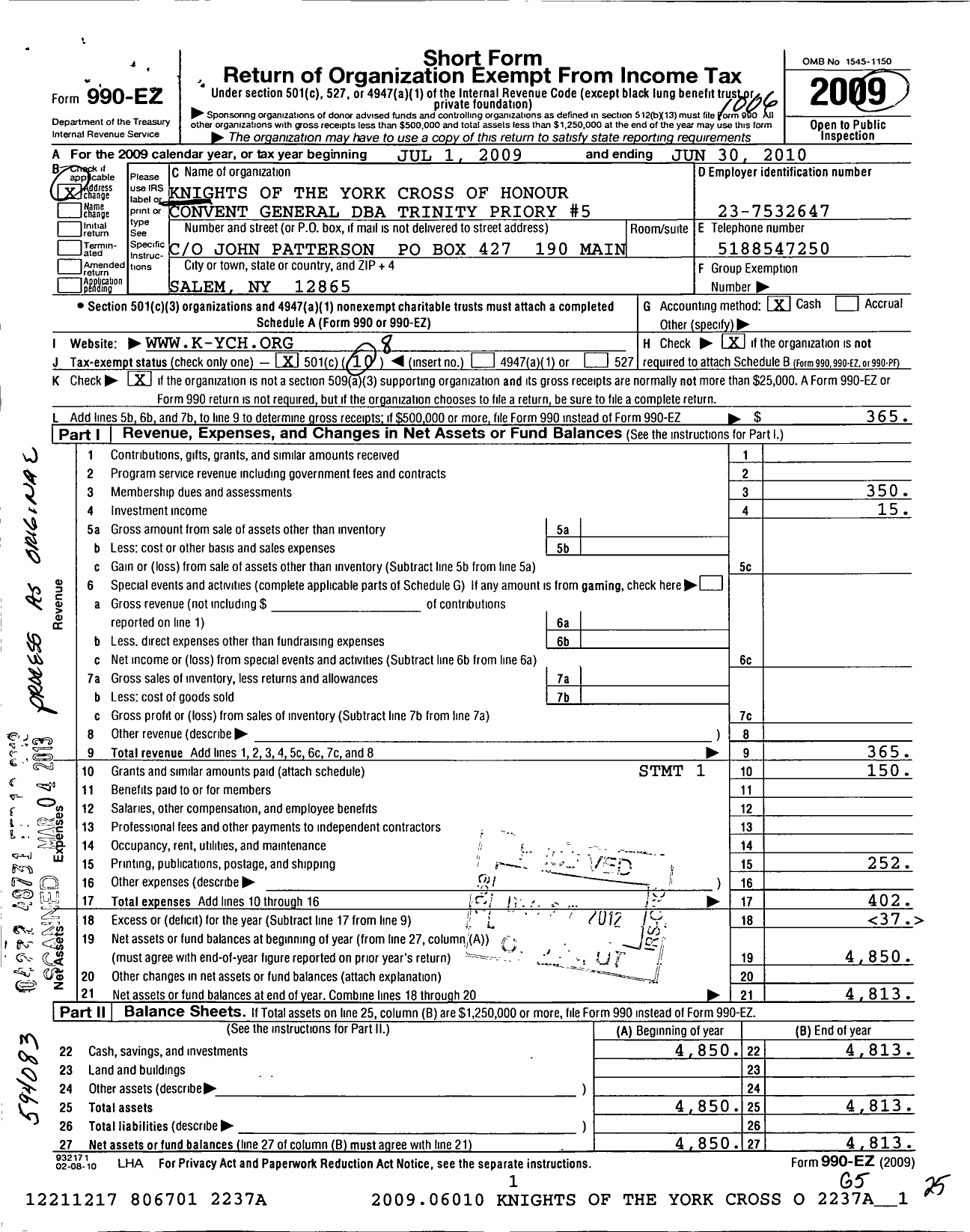 Image of first page of 2009 Form 990EO for Knights Of The York Cross Of Honour Convent General - 5 Trinity Priory