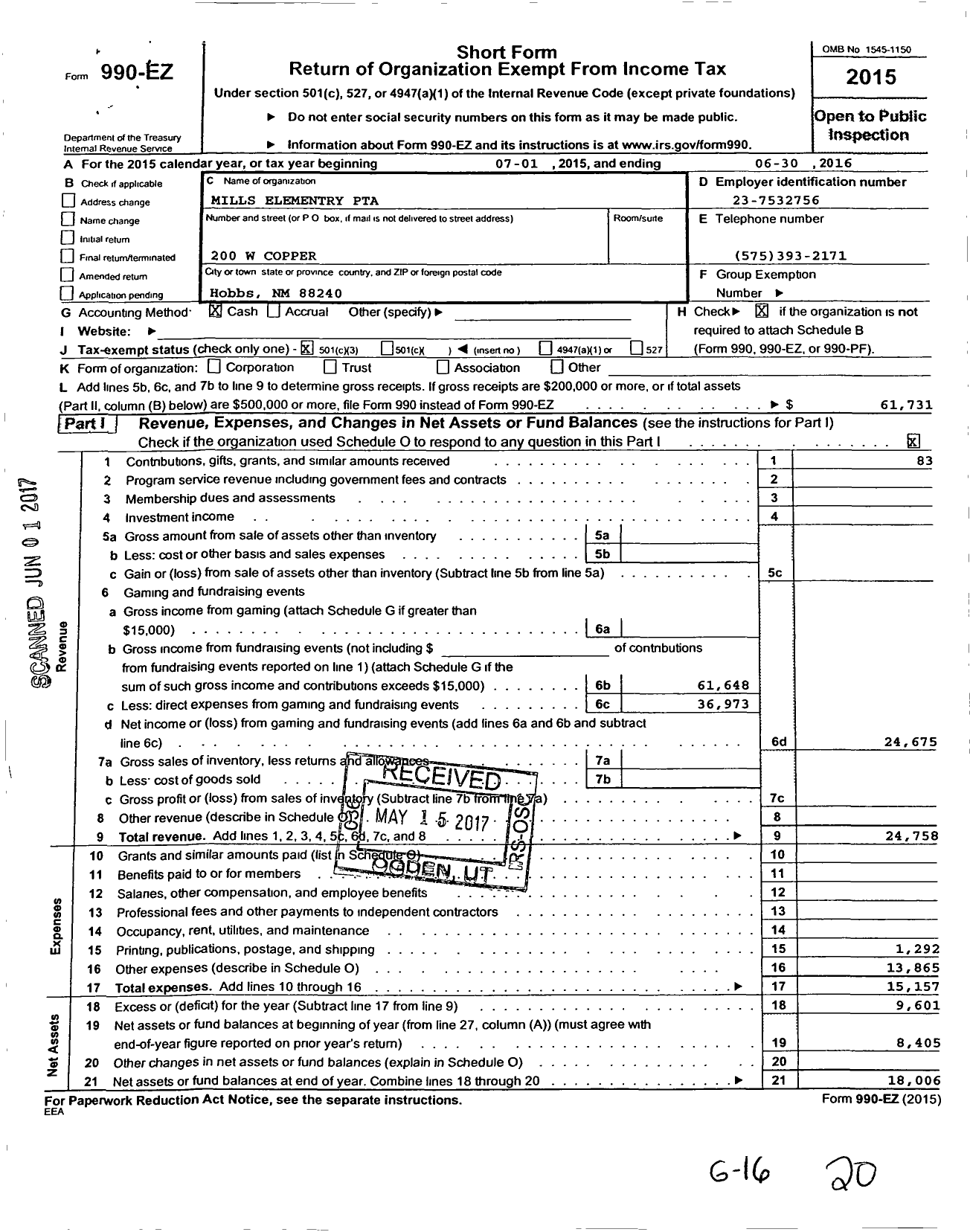 Image of first page of 2015 Form 990EZ for PTA New Mexico Congress / Mills Elem PTA