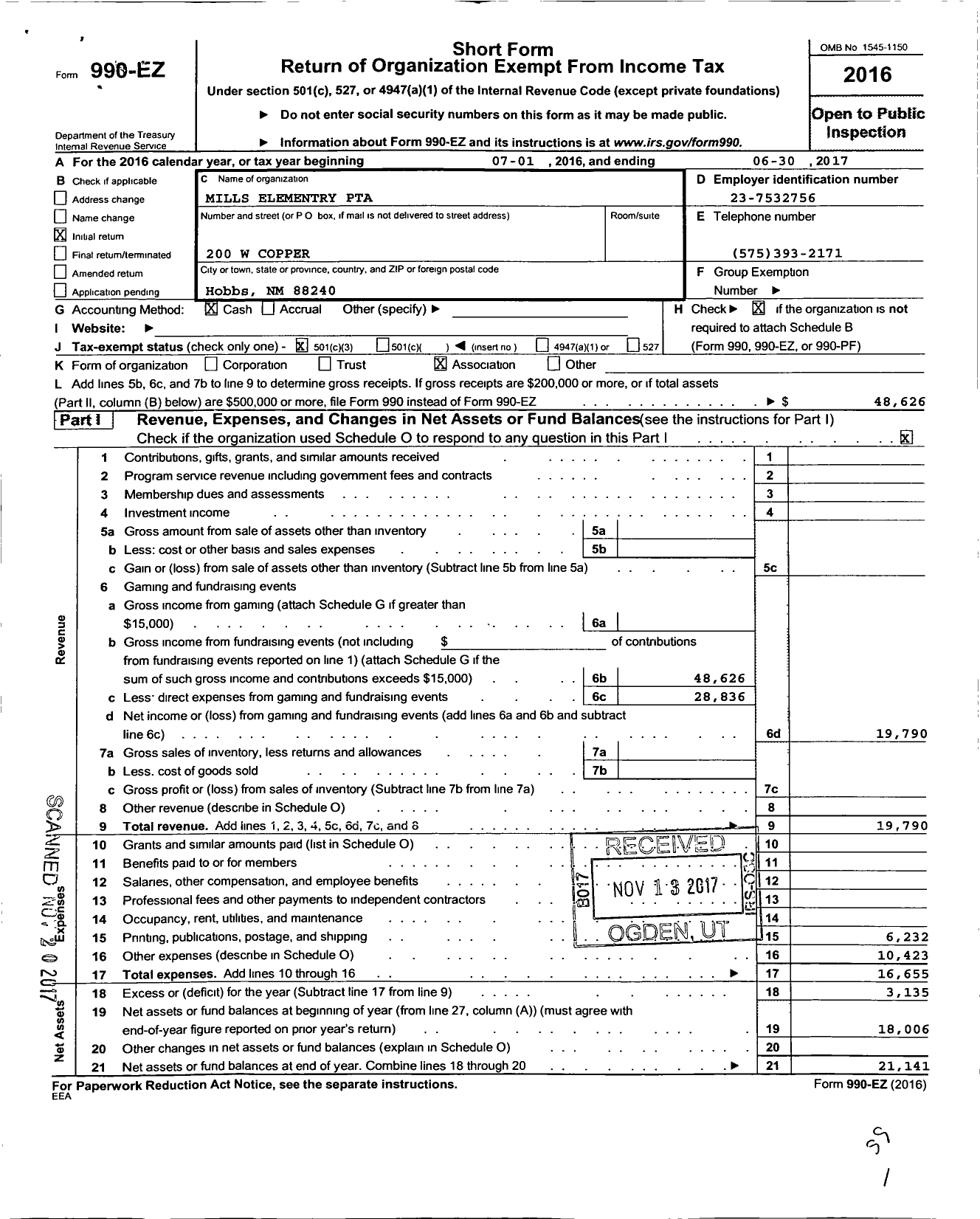 Image of first page of 2016 Form 990EZ for PTA New Mexico Congress / Mills Elem PTA