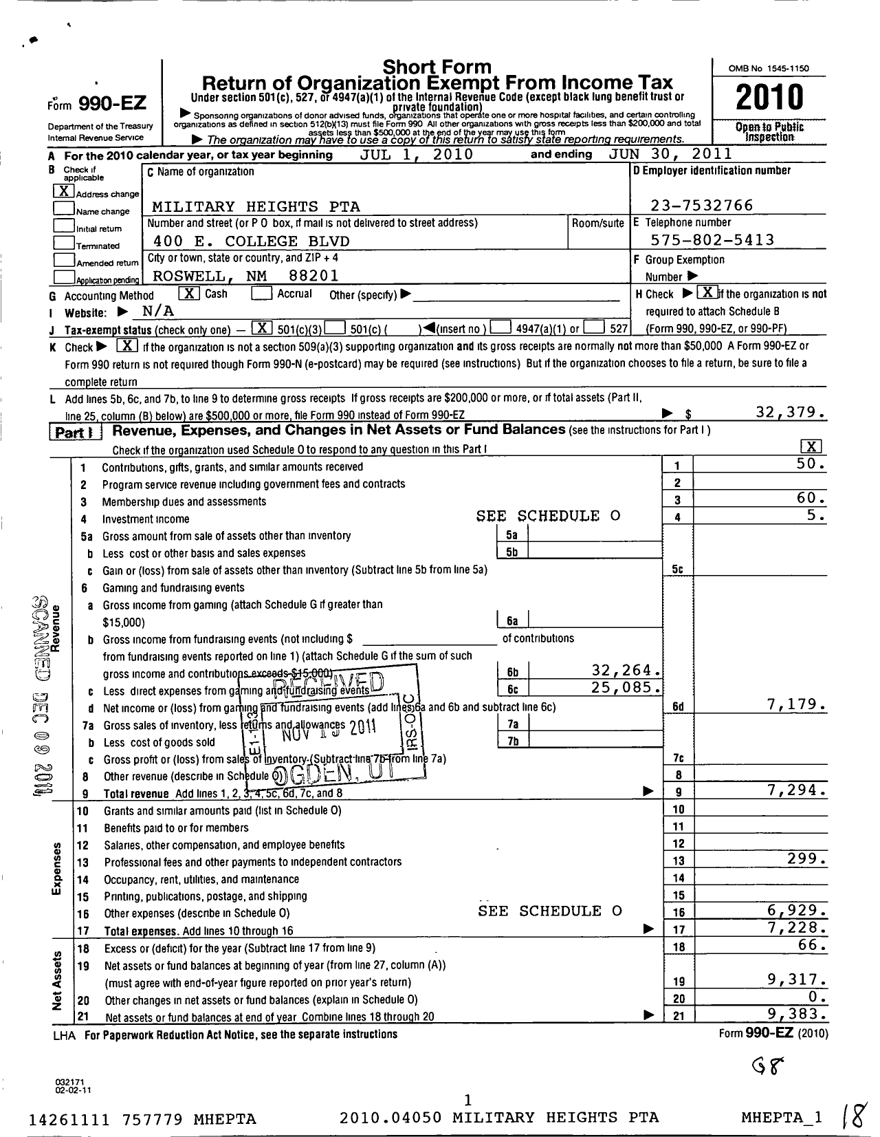 Image of first page of 2010 Form 990EZ for PTA New Mexico Congress / Military Heights Elem PTA